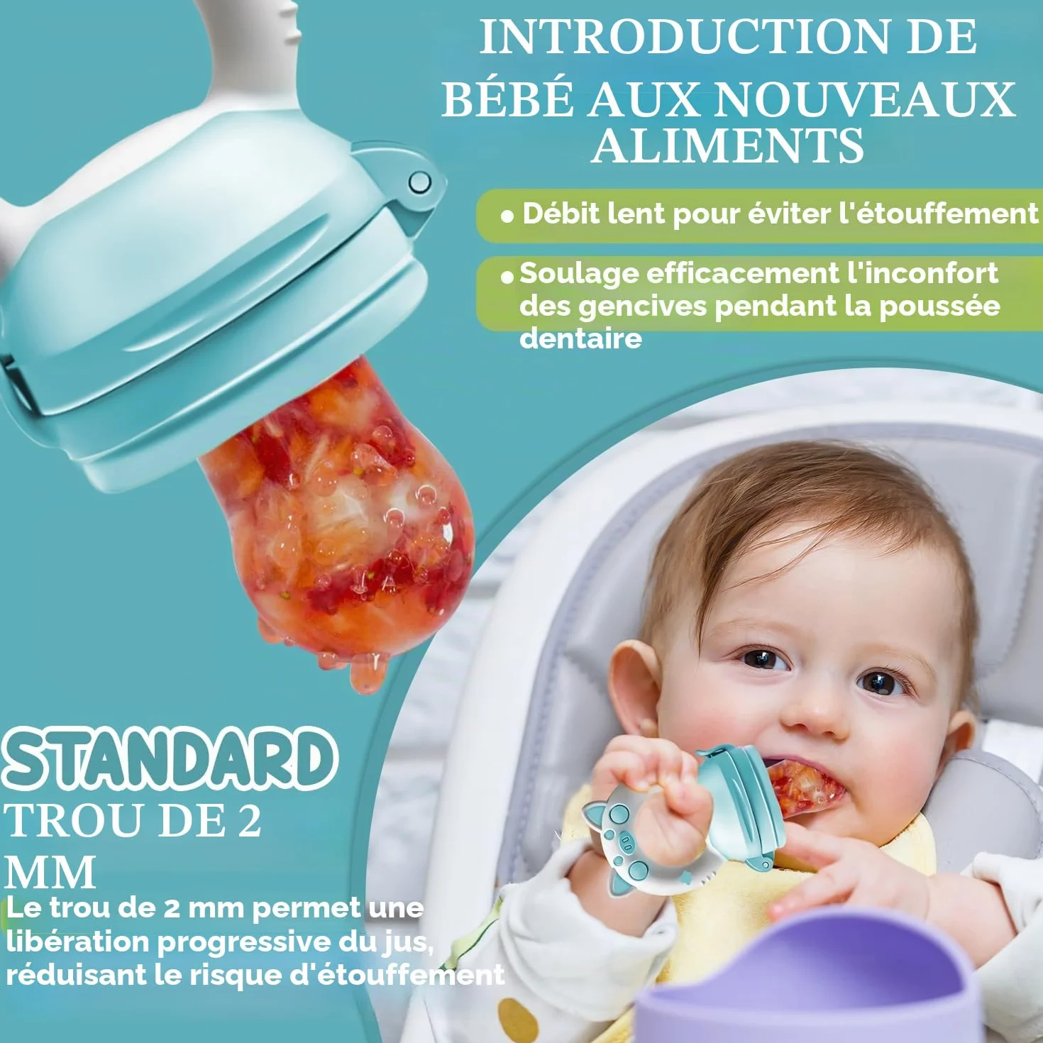 Grignoteuse Bébé Tetine Bebe - 2 Fruit Grignoteuses + 8 Tailles de Tétines Sans BPA, pour Enfants de 3 à 24 Mois, Vert+Bleu