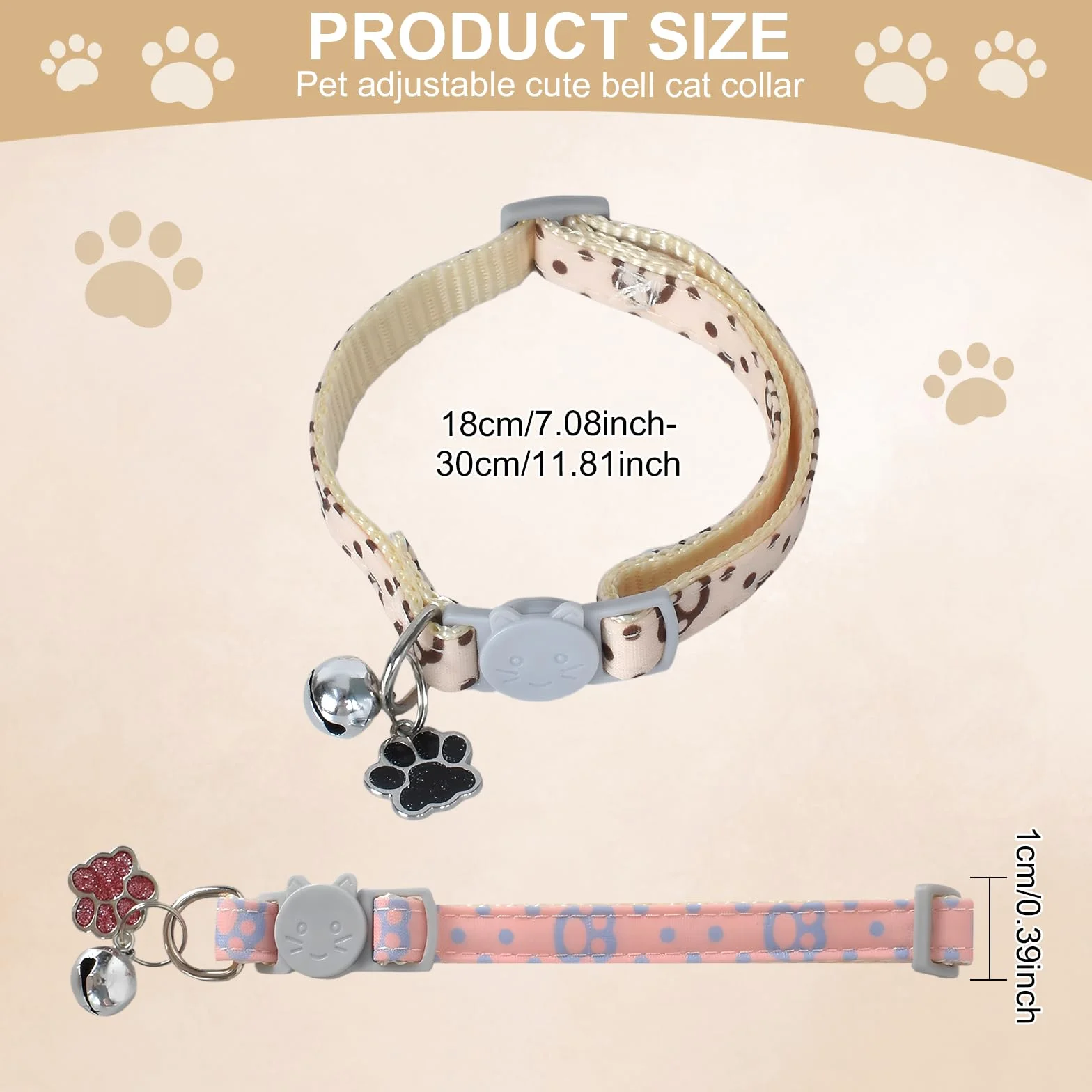 Collier pour Chats Réglable avec Clochette, Boucle de Sécurité, Design Pattes Mignon Rose et Blanc