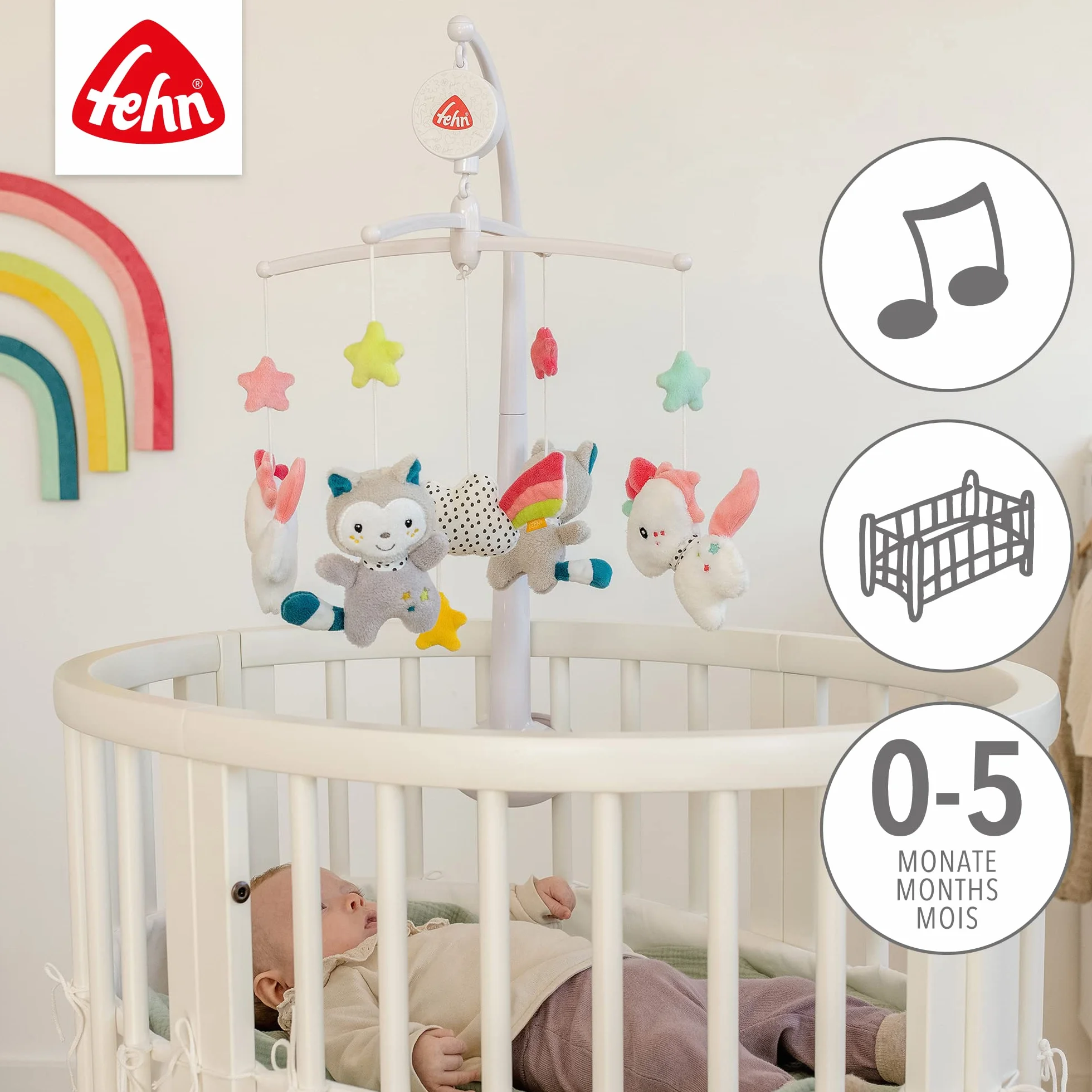 Fehn Aiko et Yuki Mobile musical pour bébé avec animaux mignons Mélodie Berceuse de Mozart – Jouet musical mobile 0-5 mois