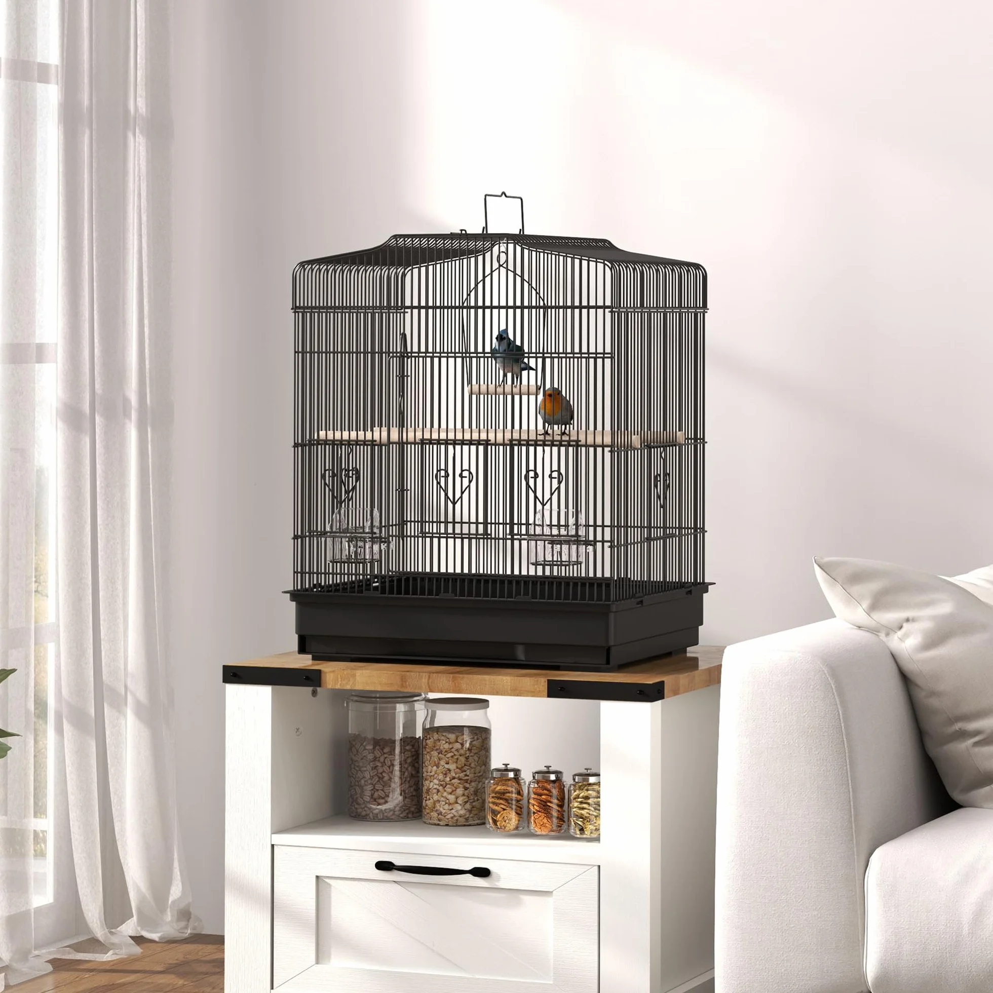 PawHut Cage à Oiseaux avec perchoirs pour Petit Oiseau 46,5x36x59 cm Noir | Gamelles, Balançoire, Cage à perroquet pour Budgie, Perruche