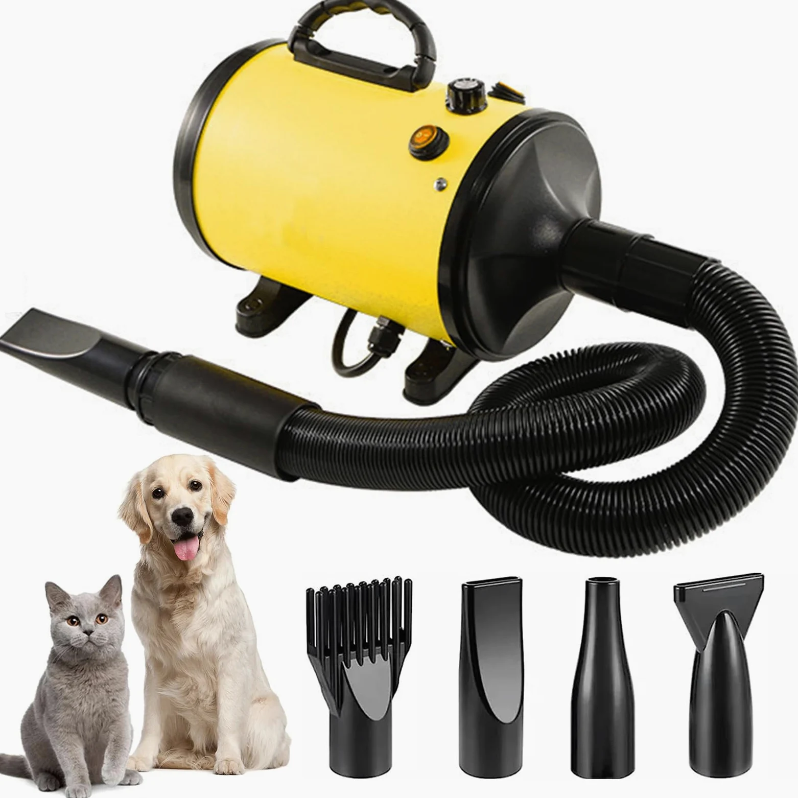 Pulseur pour Chien 2800W - Séchoir Professionnel pour Animaux avec Température Réglable et 4 Buses (Jaune)