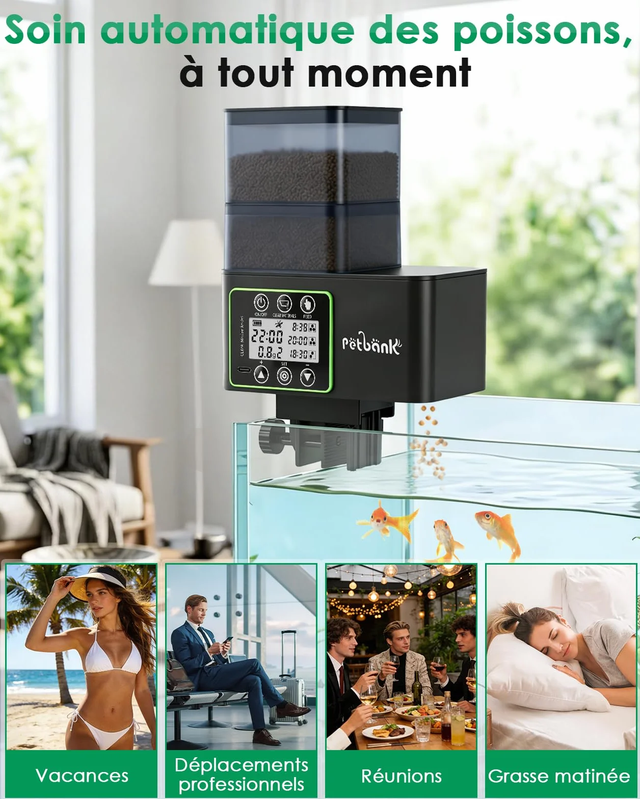 Distributeur Nourriture Poisson 230/510mL, Distributeur Automatique Poisson avec Timer, Distributeurs de Nourriture Aquarium Rechargeable USB, Écran LCD – Distributeurs de Nourriture Aquarium