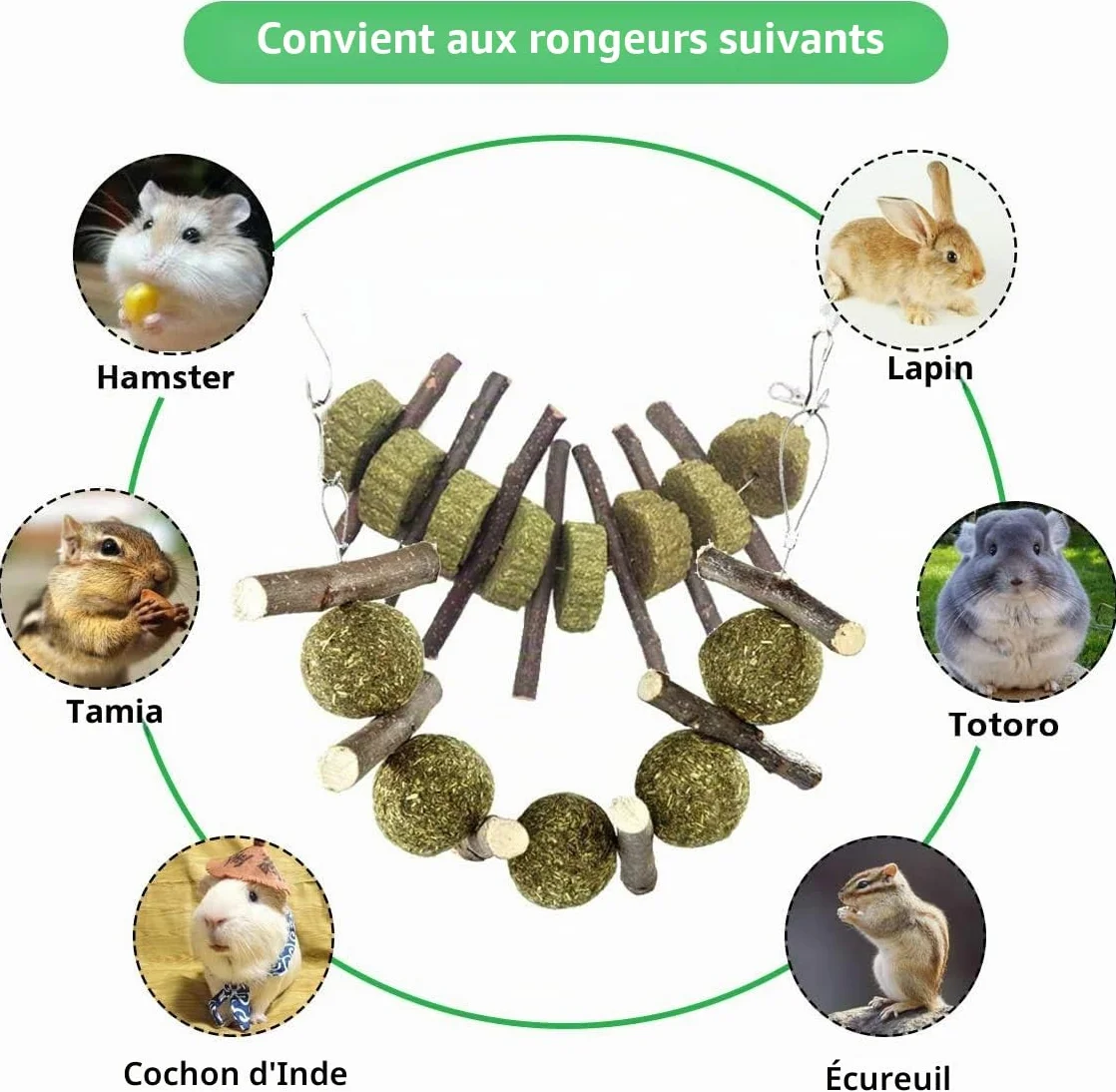 Jouets à mâcher naturels en Forme de Boules et de bâtons pour Lapin, Hamster, Perroquet, Chinchilla, Cochon d'Inde et Gerbille à Base d’Herbe et de Rose