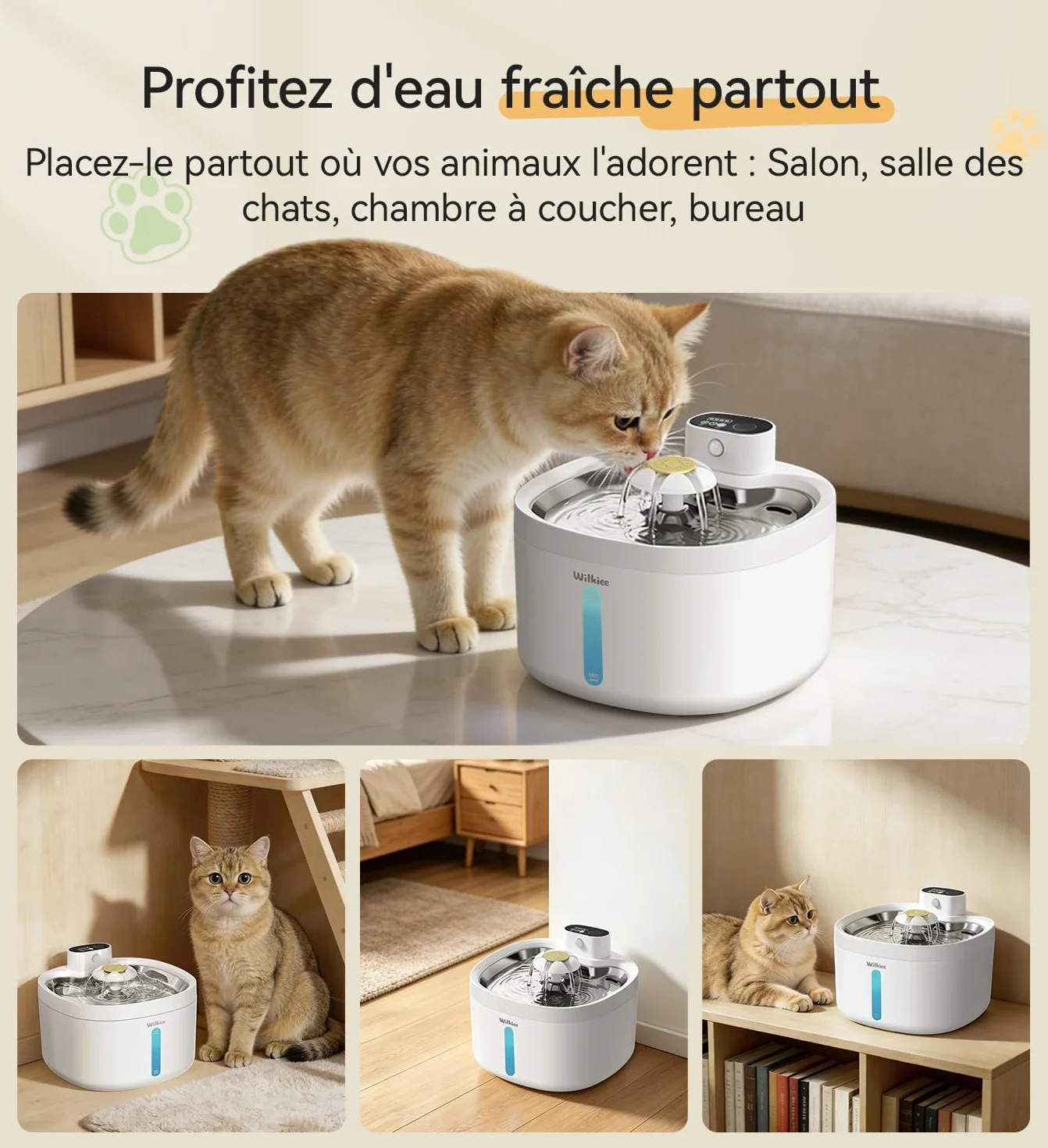 Fontaine à Eau pour Chat sans Fil 2,8L INOX Ultra-Silencieuse <20dB Batterie 4000mAh avec Capteur et Minuteur 3 Filtres