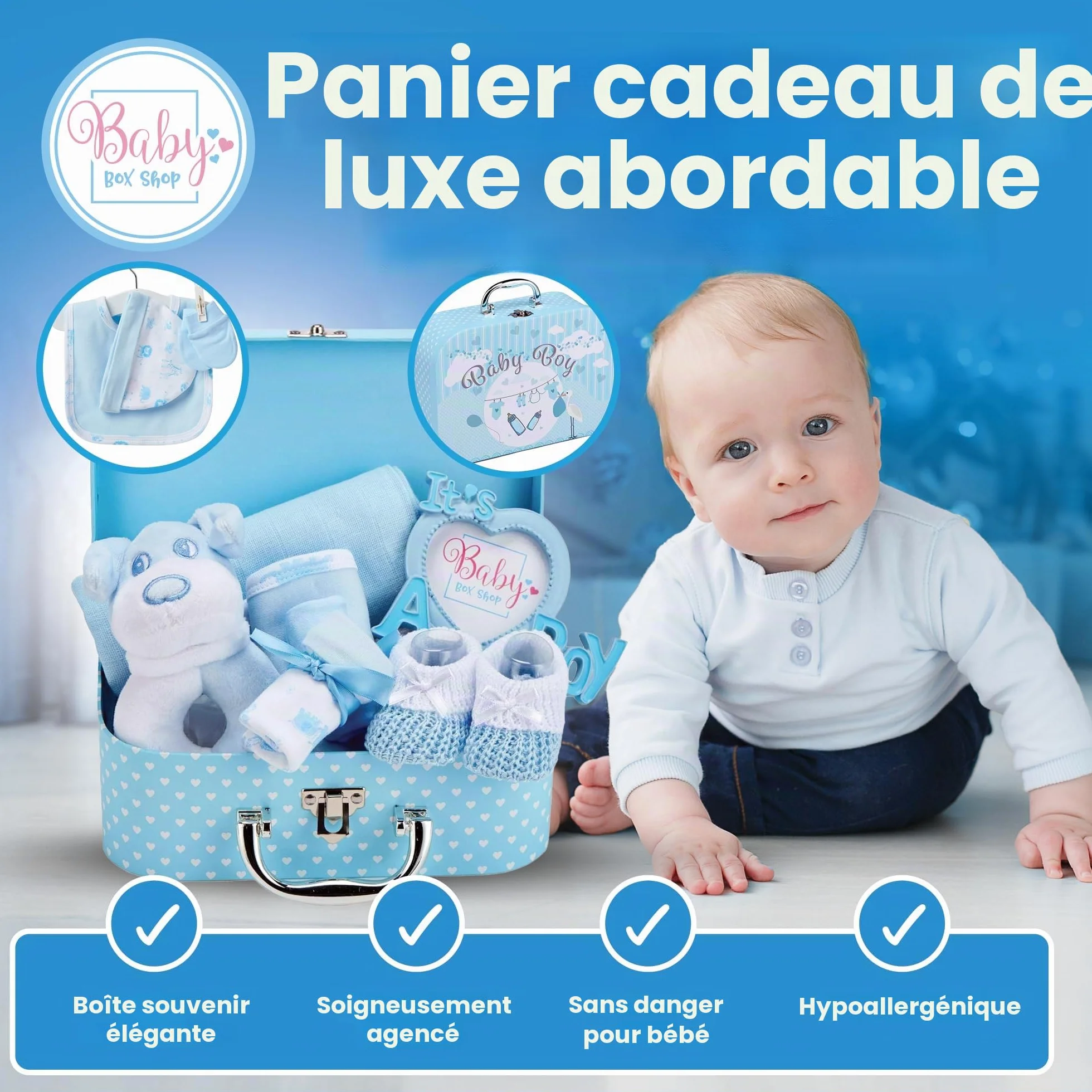 Coffret Naissance Bébé Garçon avec Cadeaux Hochet Cadre Photo Linge Mousseline Bavoir Chaussettes Mitaines Bonnet