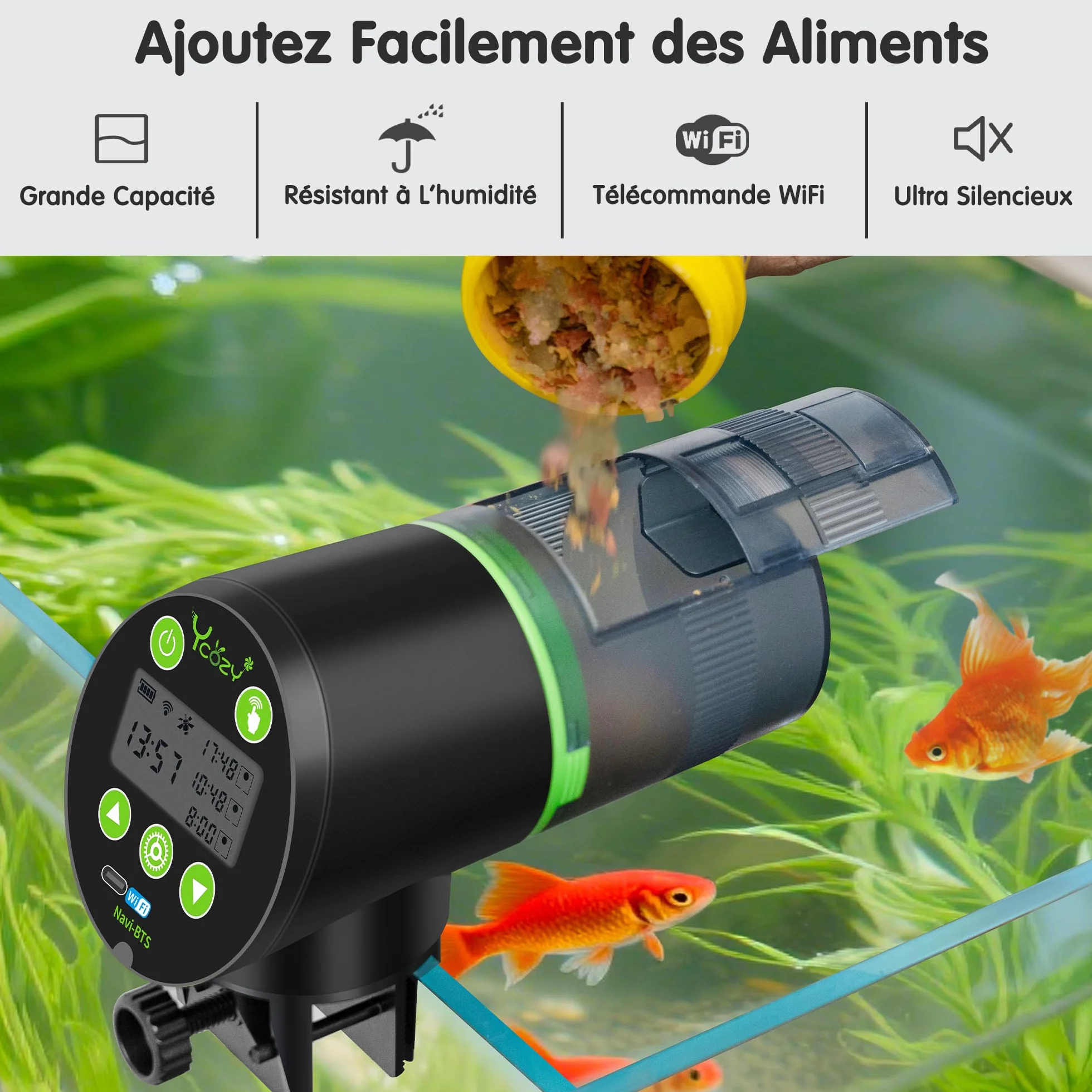 Ycozy WiFi Distributeur Automatique Poisson Aquarium, Alimenté par Prise UE et USB-C, Minuterie Ecran LCD