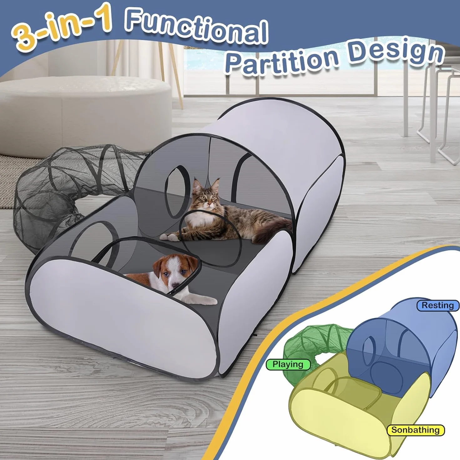 Grand parc 3 en 1 pour chat avec tunnel, enclos de jeu extérieur intérieur, tente portable pour petits animaux