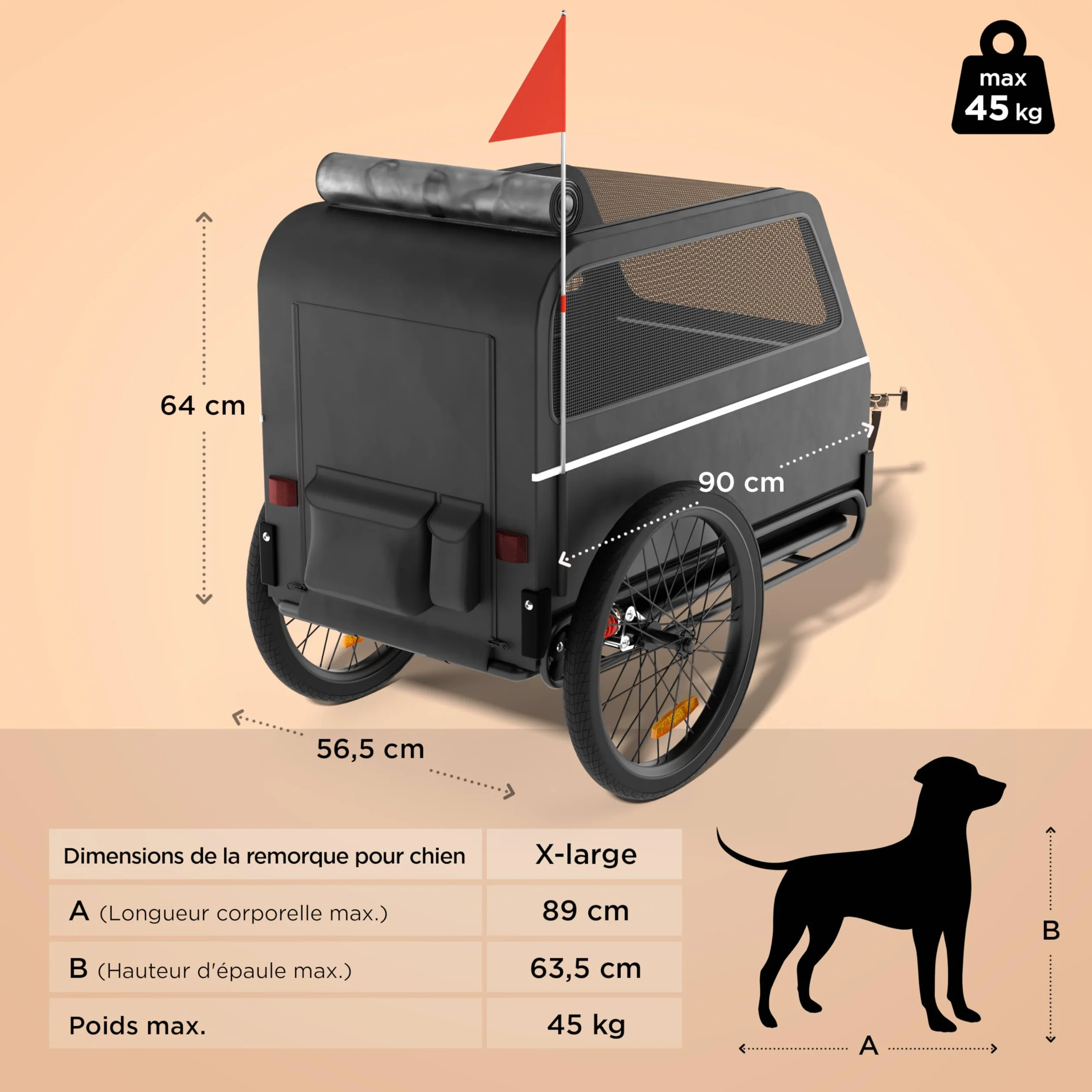 Remorque Velo Chien XL Pliable avec Rampe et Suspension 45kg Compatible Vélos Électriques