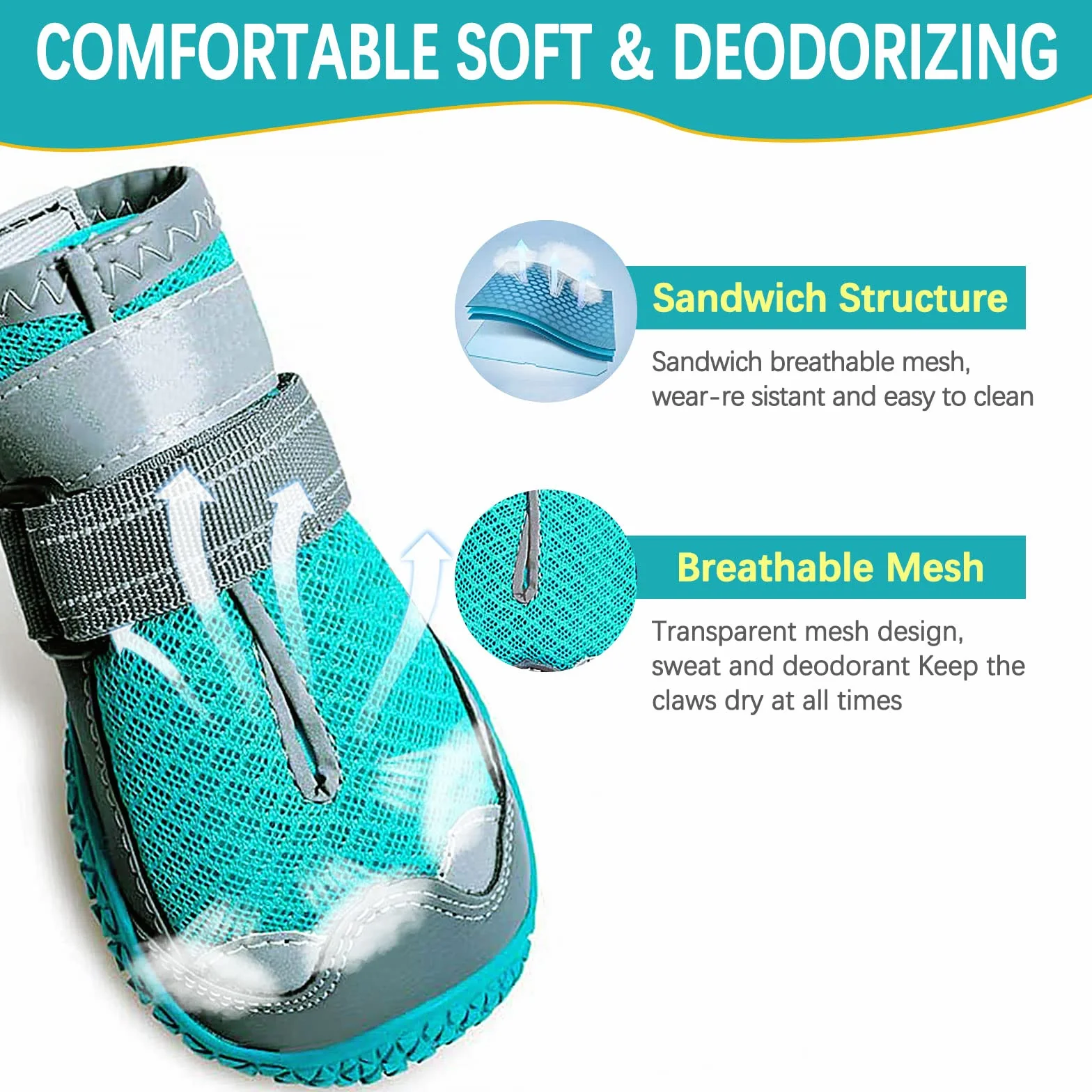 Bottes de Protection pour Chien 4 pcs Chaussures Respirantes avec Sangles Réfléchissantes et Semelle Antidérapante