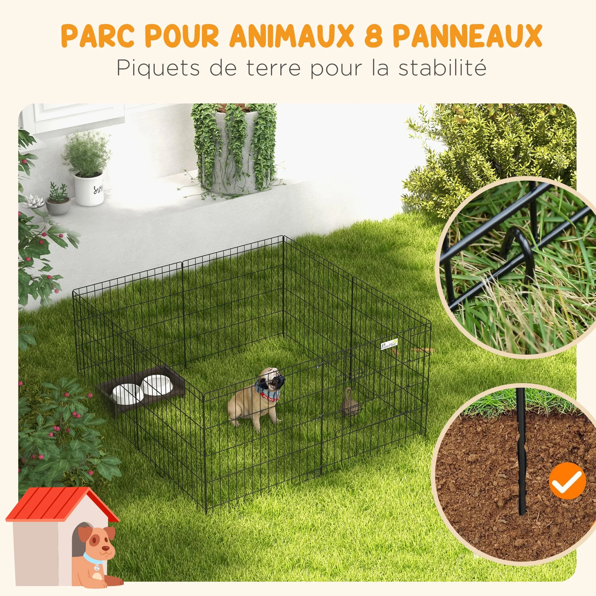 PawHut Parc enclos modulable pour Chiens Lapins rongeurs clôture Petits Animaux intérieur extérieur Pliant 1 Porte 8 Panneaux Fil métal 61 x 61 cm Noir