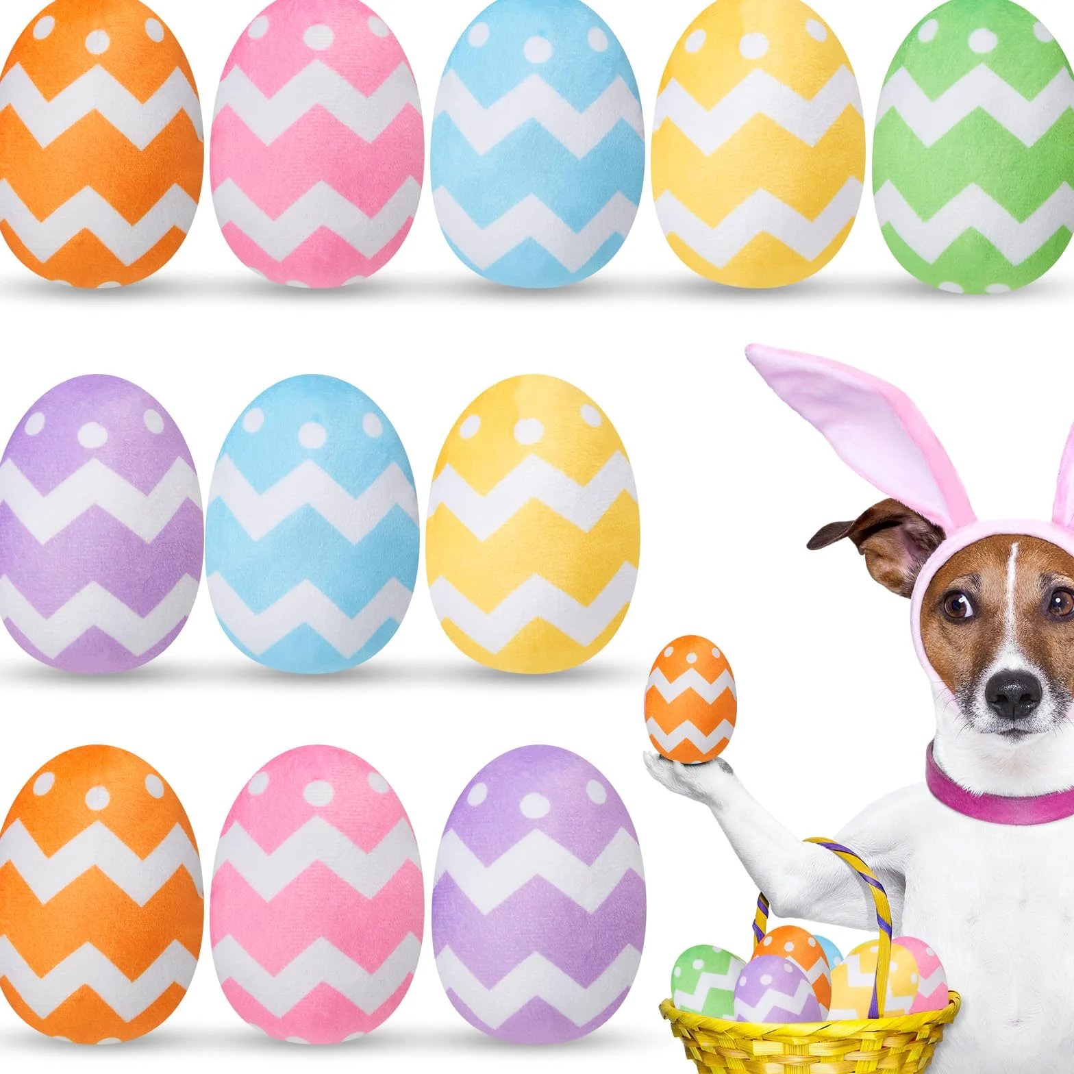 Leyndo Lot de 24 œufs de Pâques pour chien - Jouet couineur en peluche pour chien - Jouets en peluche pour chiens de taille moyenne et petite - Jouets à mâcher - Costume de Pâques pour animal