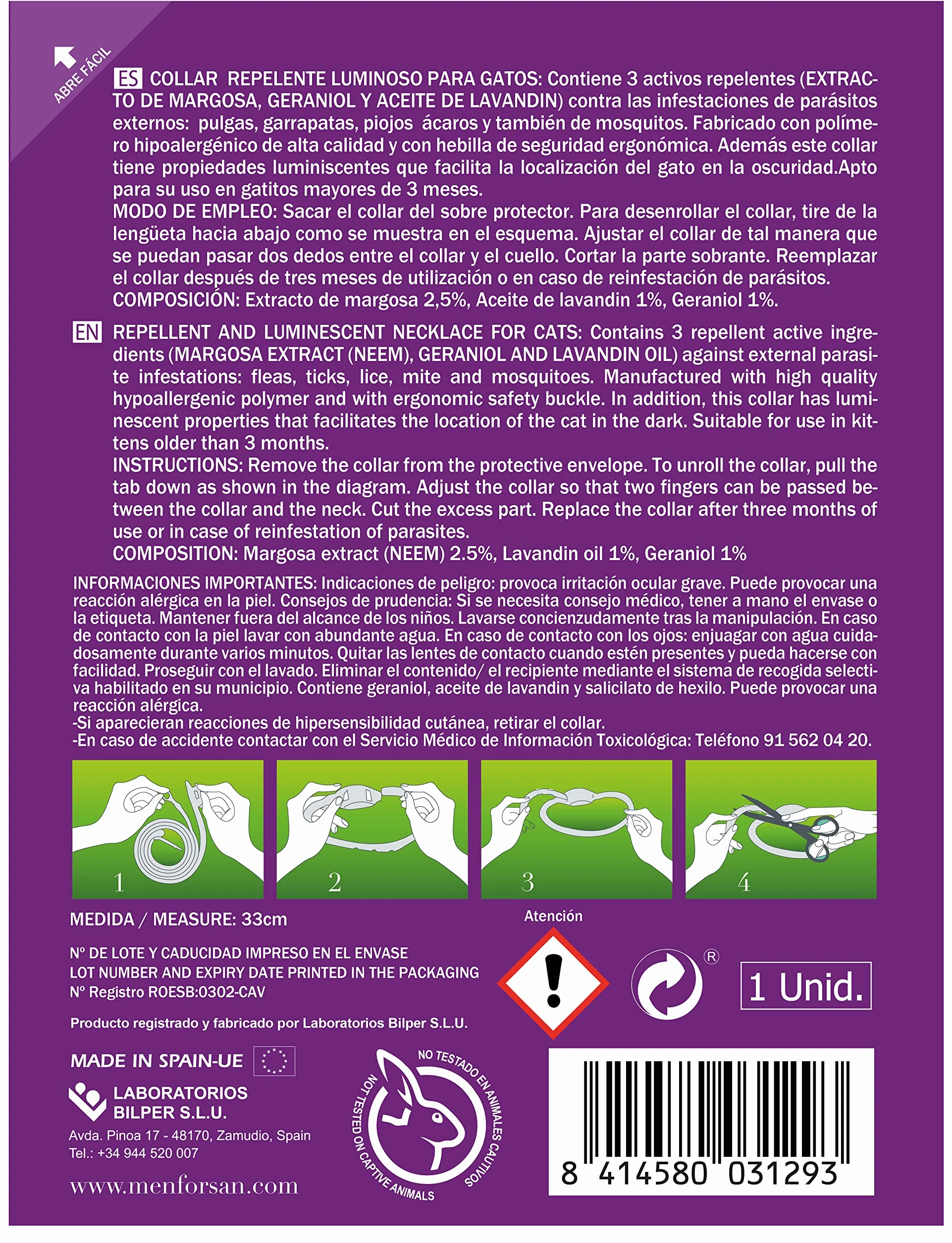 Collier Anti-Insectes Luminescent pour Chats MENFORSAN 30cm Auto-réglable