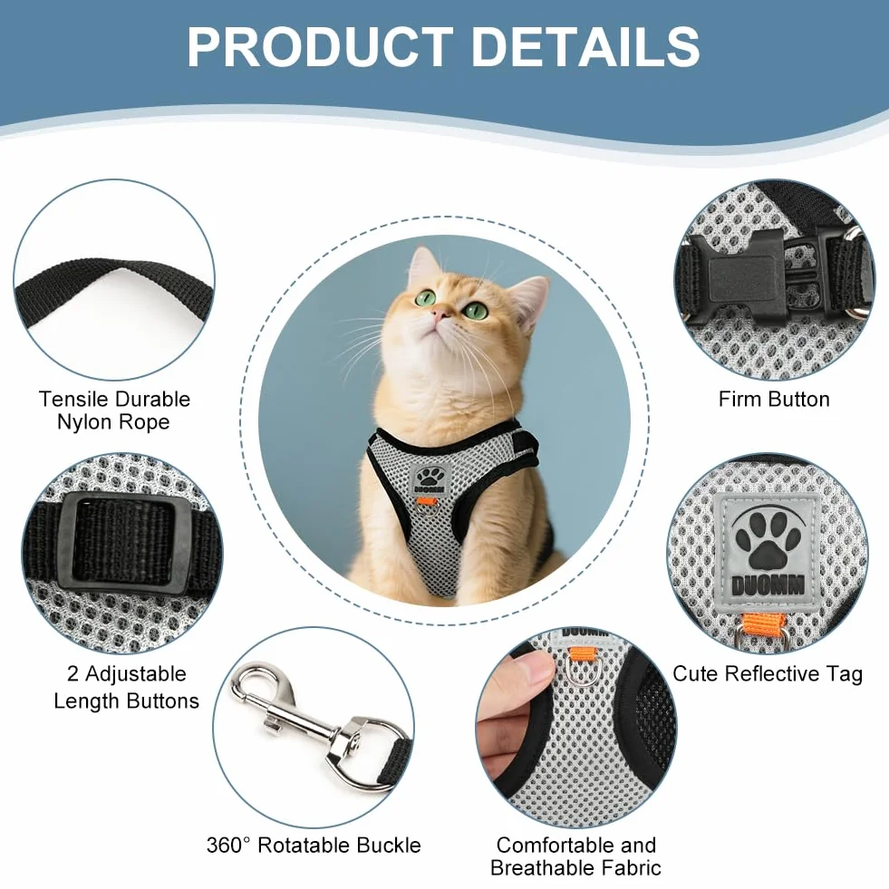 Harnais pour Chat Respirant Souple Réglable Anti Évasion avec Laisse 1.5m AUYAO