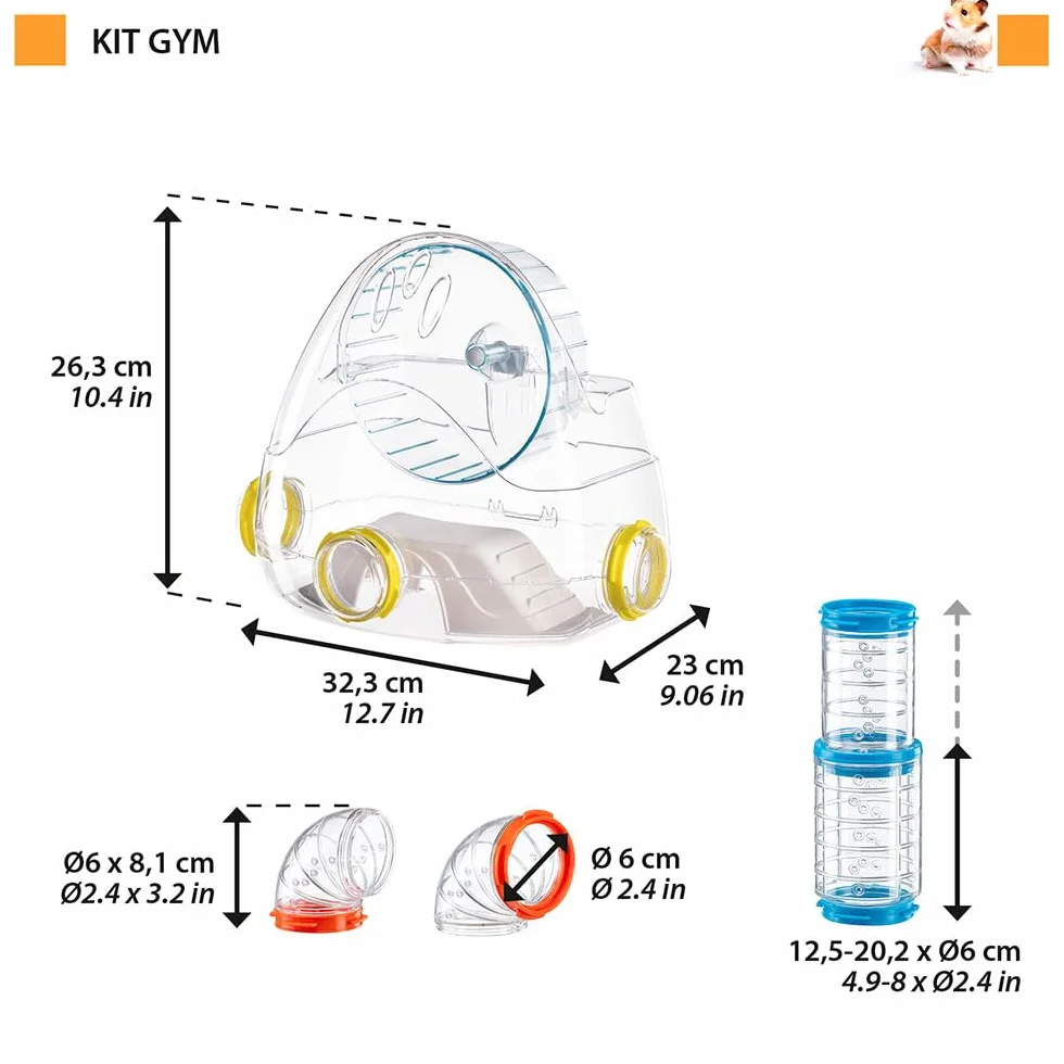 Ferplast Ensemble de Tubes Hamster, Accessoire Cage Hamster, Total 4 pièces, Comprend Salle de Sport avec Roue Hamster, Tunnels Hamsters avec Trous de Ventilation et Raccords, KIT Gym, Jouet Hamsters