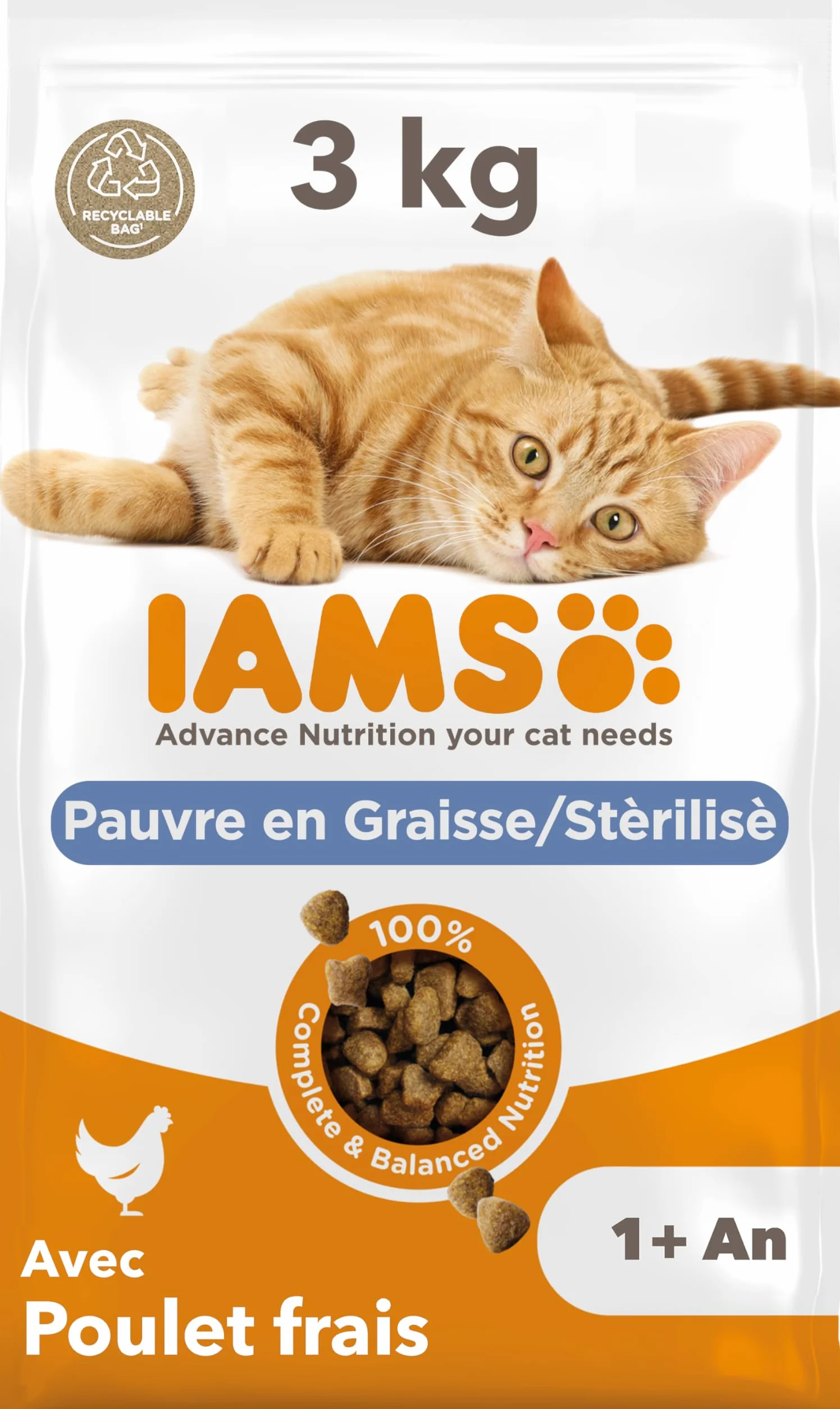 IAMS Advanced Nutrition Croquettes Allégées pour Chats Stérilisés au Poulet Frais 3 kg