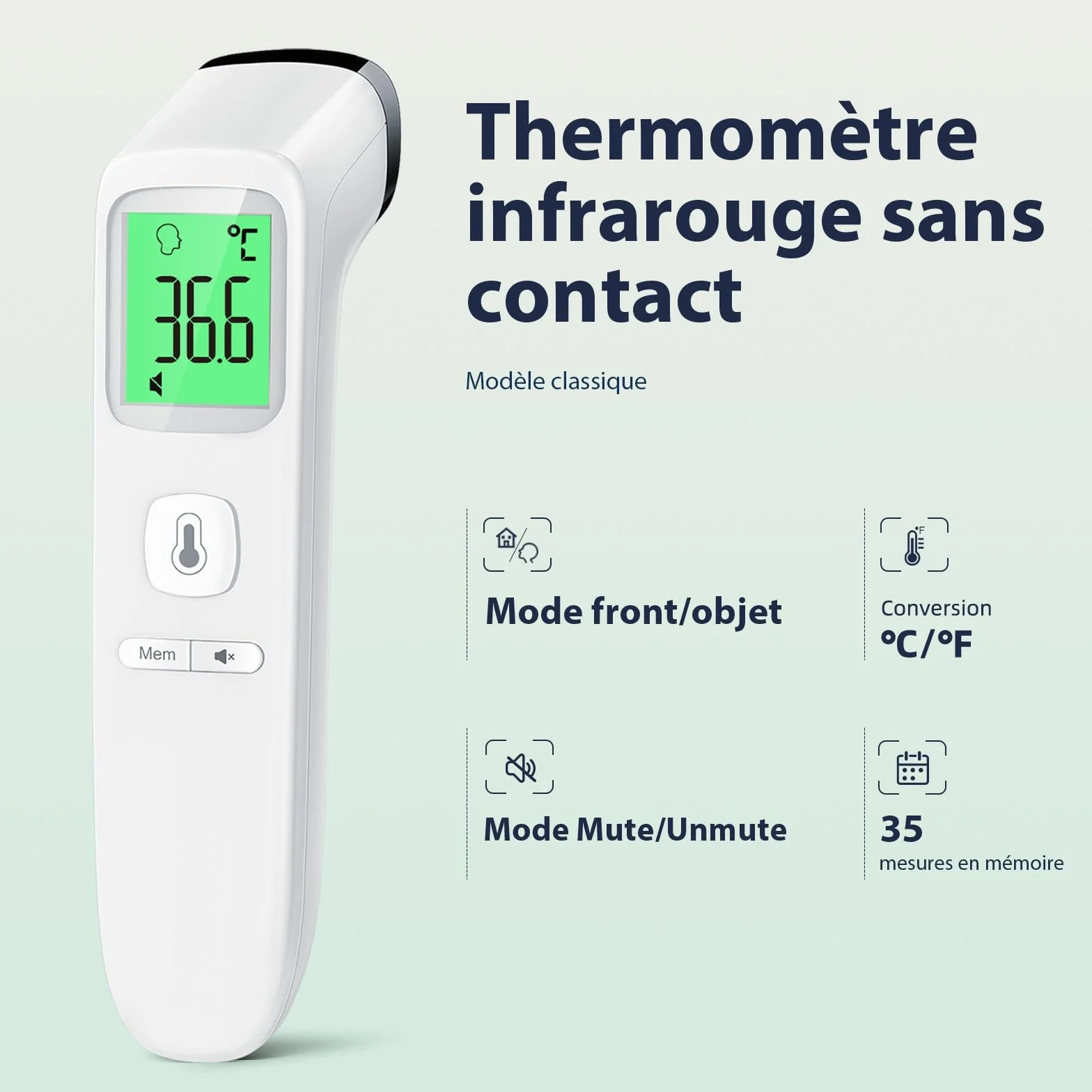Thermomètre Frontal Sans Contact Infrarouge Médical Numérique pour Adultes et Bébé avec Écran LCD, Mode Muet, Mémoire