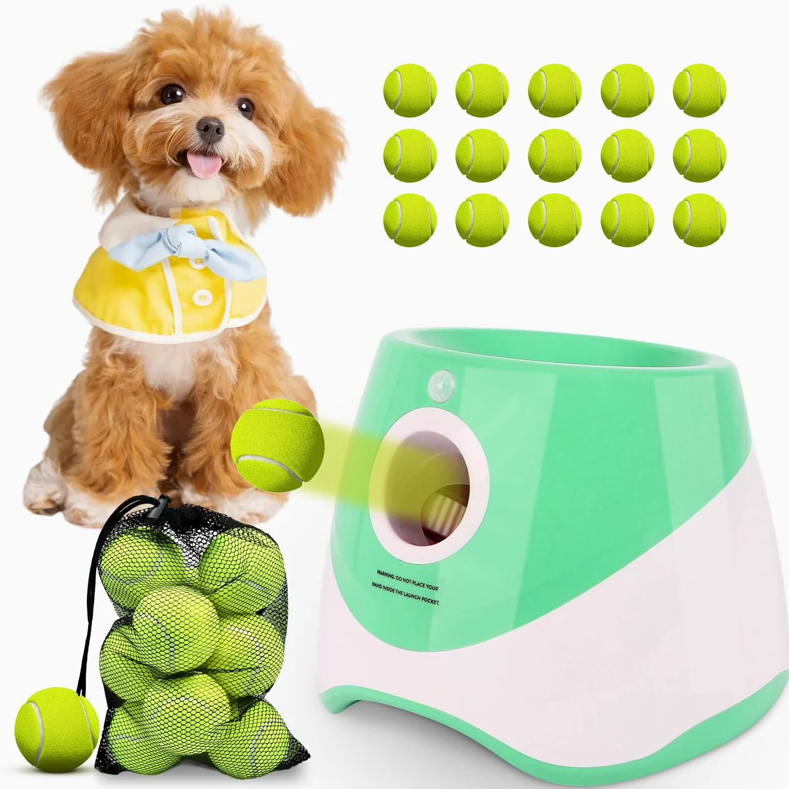 Lanceur automatique de balles pour chien, lanceur de balles pour petits chiens avec 3 réglages de distance, 15 mini balles de tennis de 5,1 cm et sac en maille, vert