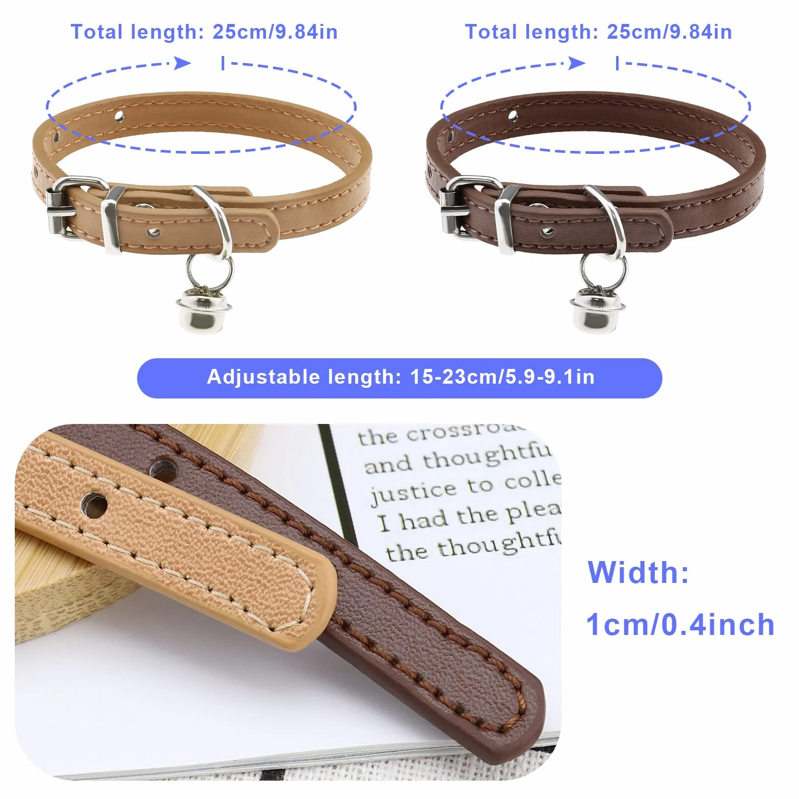 ECSiNG Collier Chat Cloche Cuir PU 15-23cm Réglable 1cm Café Kaki