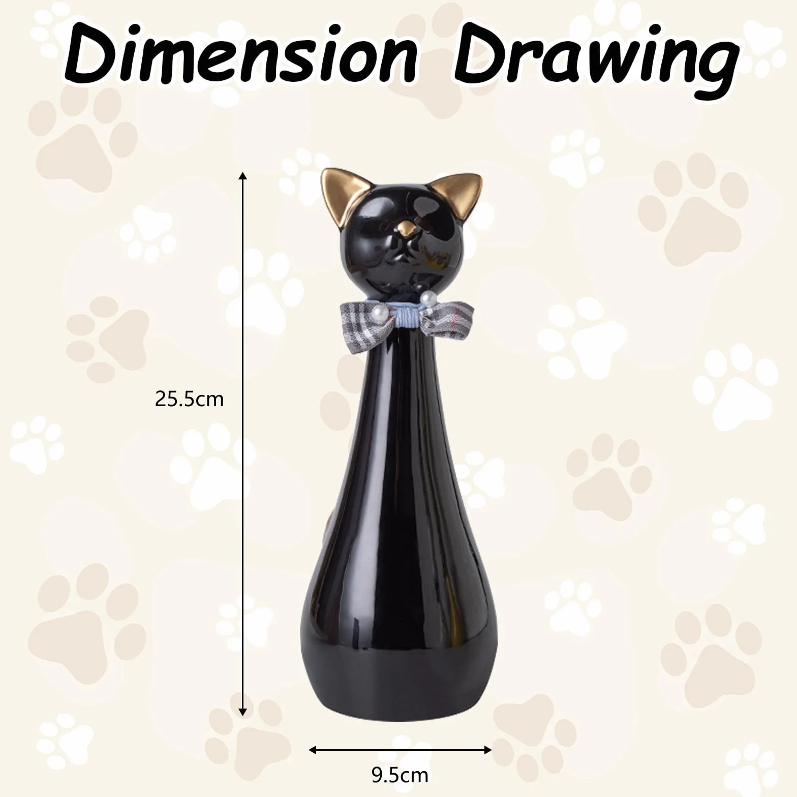 Urne Chat Chien Céramique 9,5 x 9,5 x 25,5 cm 550 ML Noire Collier Nœud Souvenir Animal