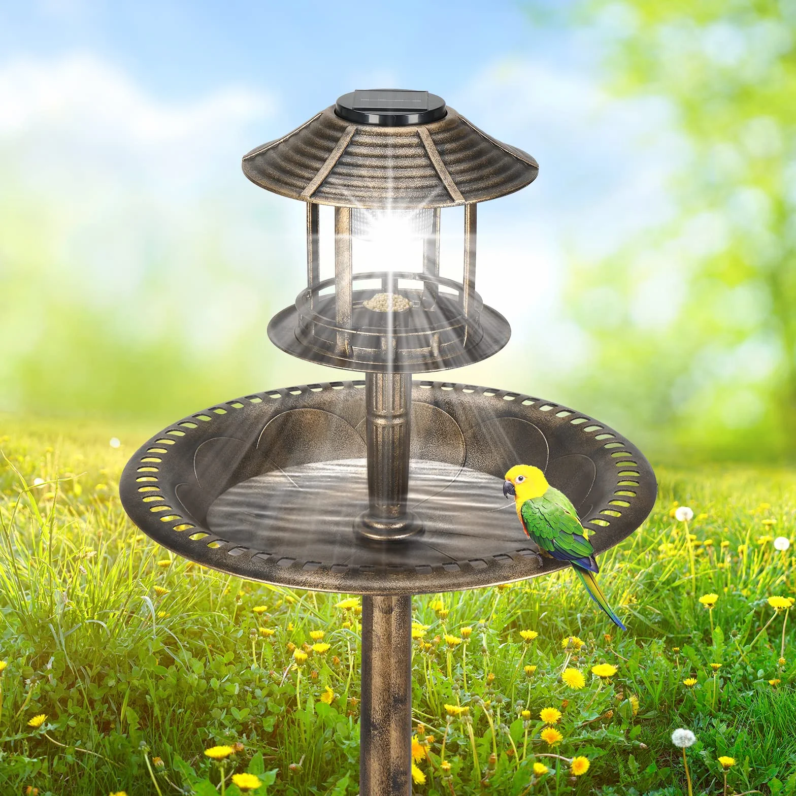 LEADZM Abreuvoir Oiseaux Exterieur Solaire avec Lampe - Mangeoire Oiseaux Exterieur, Support Remplissable, 51x51x106 cm, Bronze