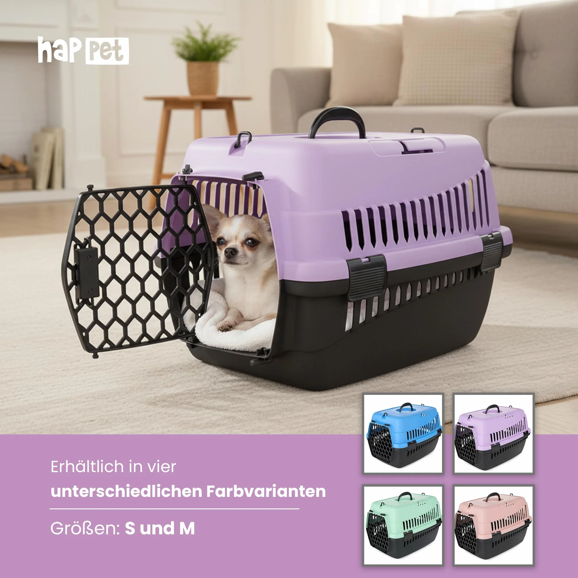 HAPPET ABBA M Sac de transport robuste pour chats et petits chiens, transport portable avec poignée et ventilation, violet