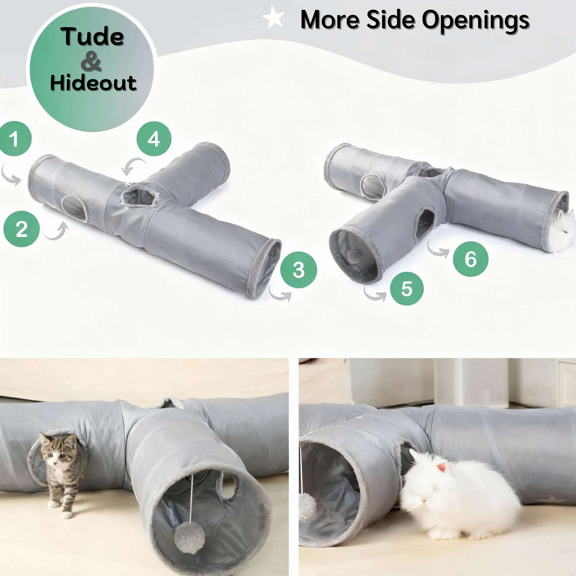 JanYoo Tunnel pliable à 3 voies pour chat d'intérieur - Jouet pour animal domestique - Cachette pour lapin, cochon d'Inde, furet - Gris uni