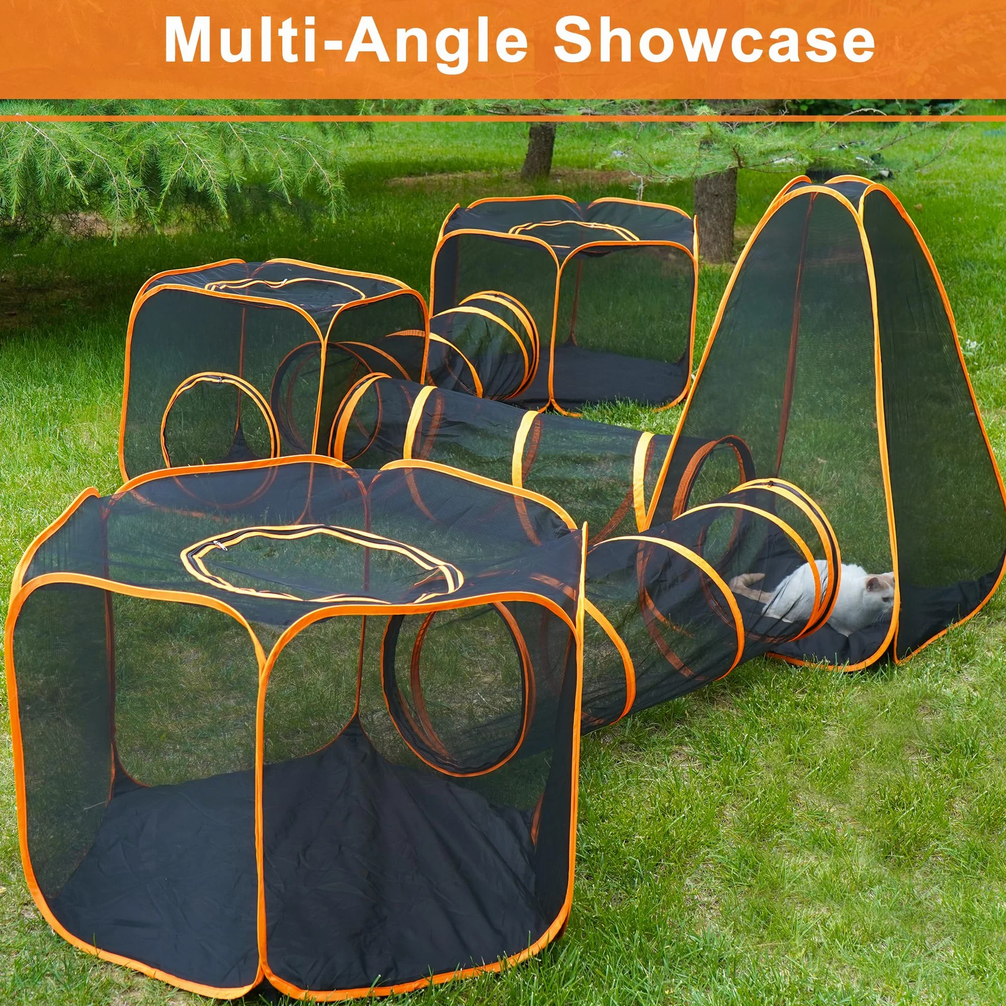 Parc d'extérieur pliable pour chat en maille avec tunnels 7 en 1
