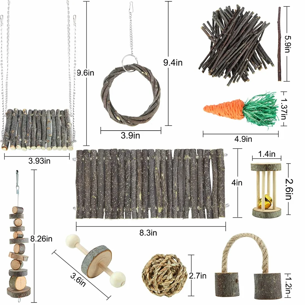 Jouets à mâcher pour Hamster en Bois de Pomme, Échelle, Cloche, Rouleau pour Petits Animaux