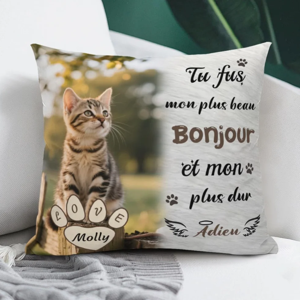 Coussin Chat Personnalisé Photo et Nom Impression Recto Verso Souvenir Commémoratif Cadeau Réconfortant Perte Animal