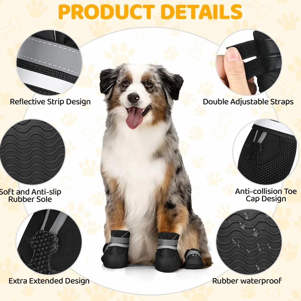 Bottes Chien Imperméables 4 Pièces avec Sangles Réfléchissantes Antidérapant Ajustables