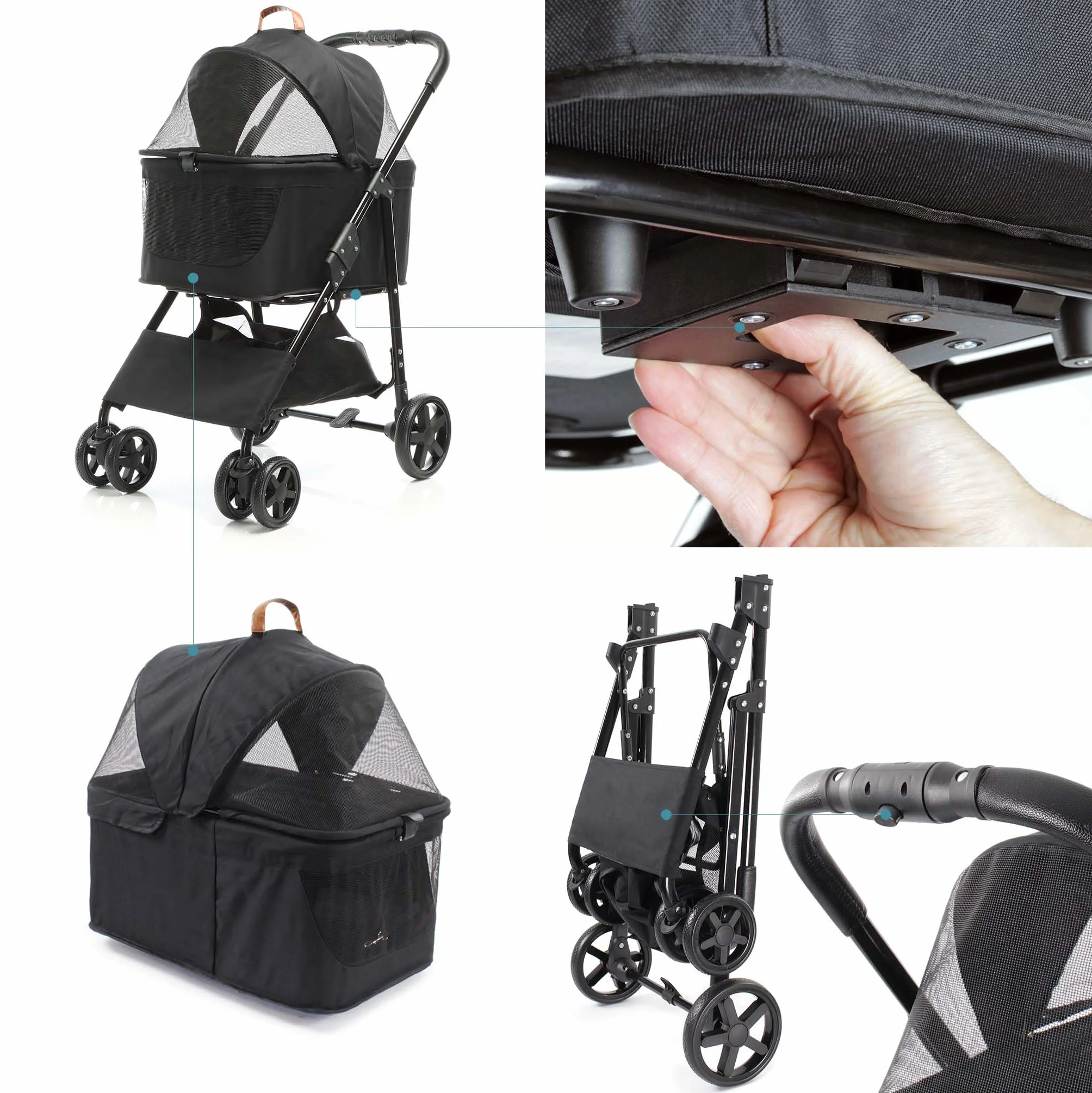 Fudajo Poussette pliable pour chiens et chats 2 en 1 – Capacité max. 20 kg – Noire – Acier et EVA – Buggy Chariot petits animaux