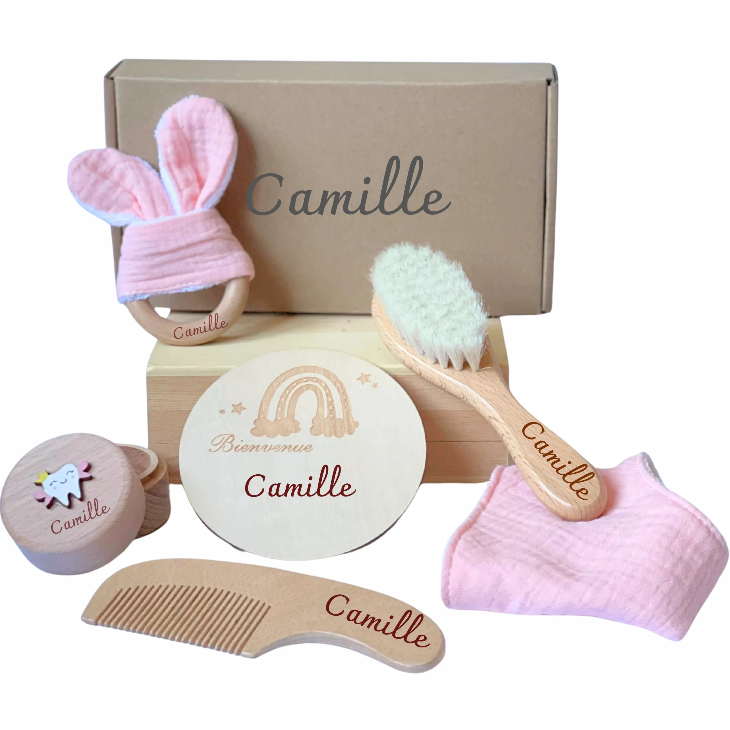Coffret de Naissance Personnalisé Cadeau Bébé Fille Garçon Boîte Souvenir Prénom Gravé Rose