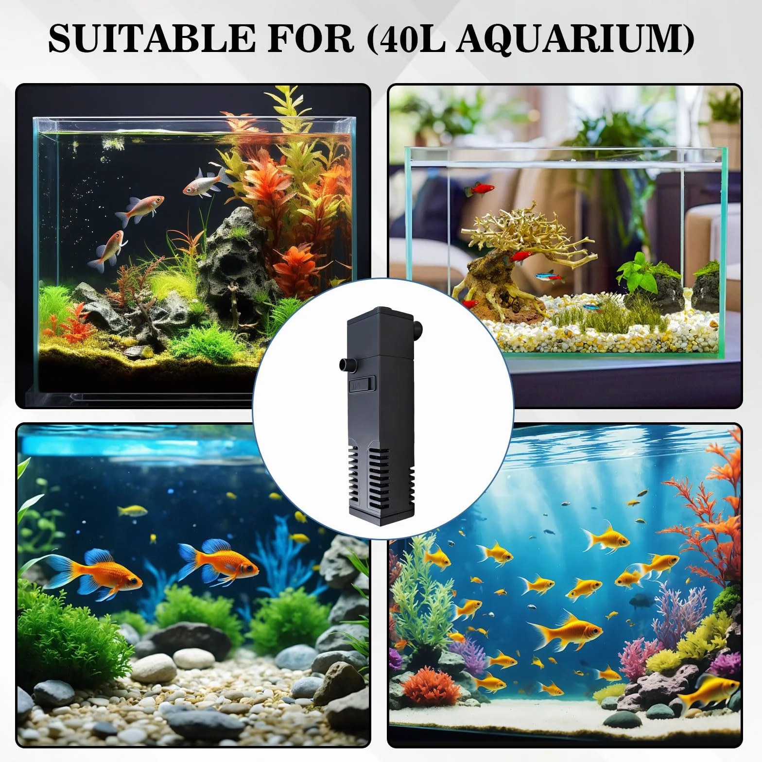 Filtre Intérieur pour Aquarium 20-40L 3 en 1 Pompe Double Filtration Silencieux Eau Douce Salée