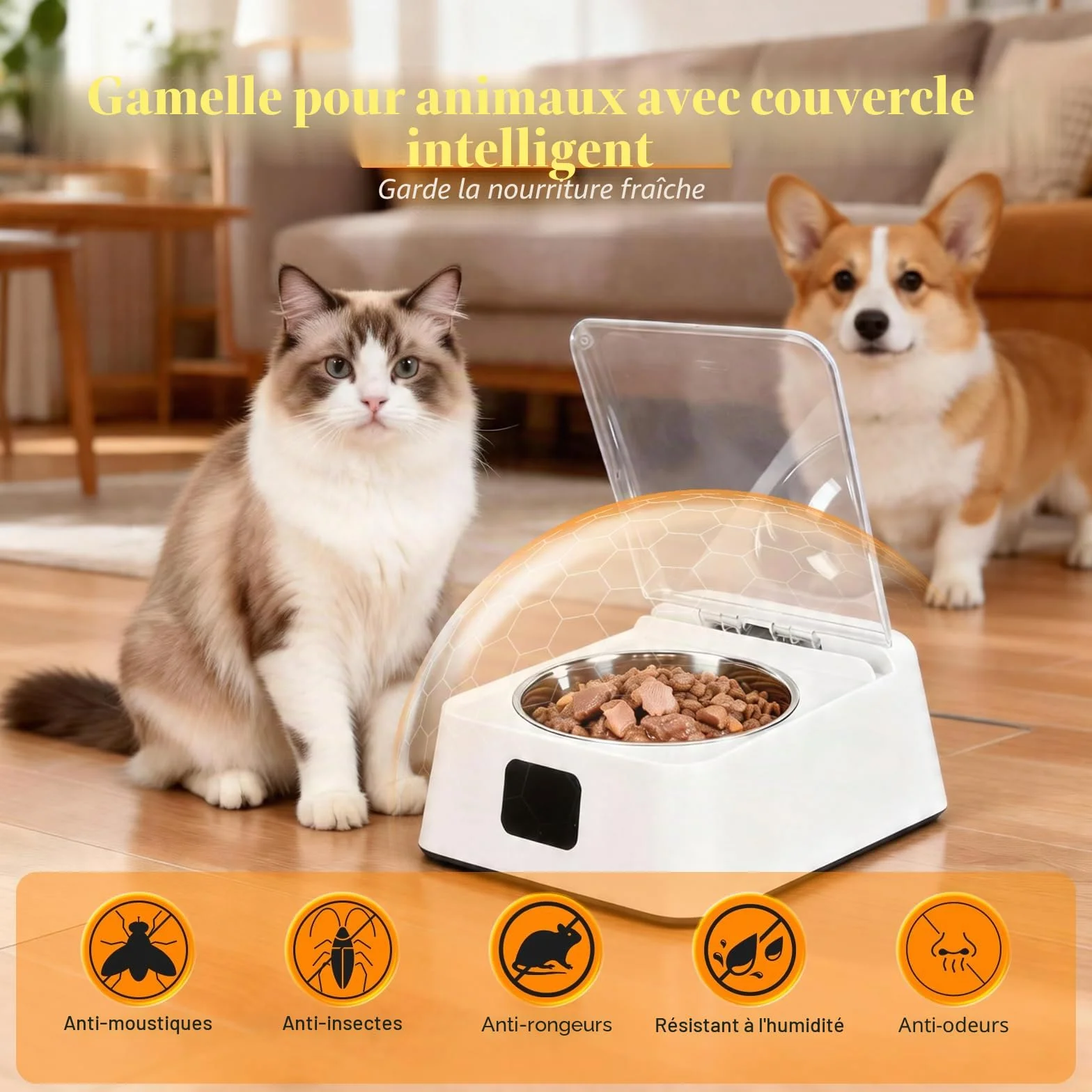 Distributeur Nourriture Humide Chat Ouverture Intelligente à Induction Automatique Croquettes Bassin Alimentaire Amovible
