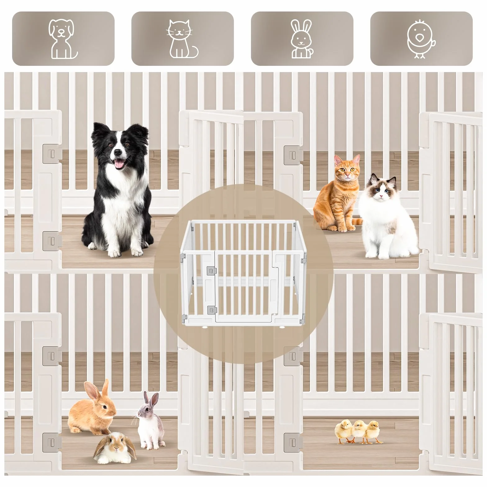 Parc pour Chien Gupamiga, Enclos pour Chiot Intérieur et Extérieur 89x89 cm, Cage Animaux avec Porte, Blanc