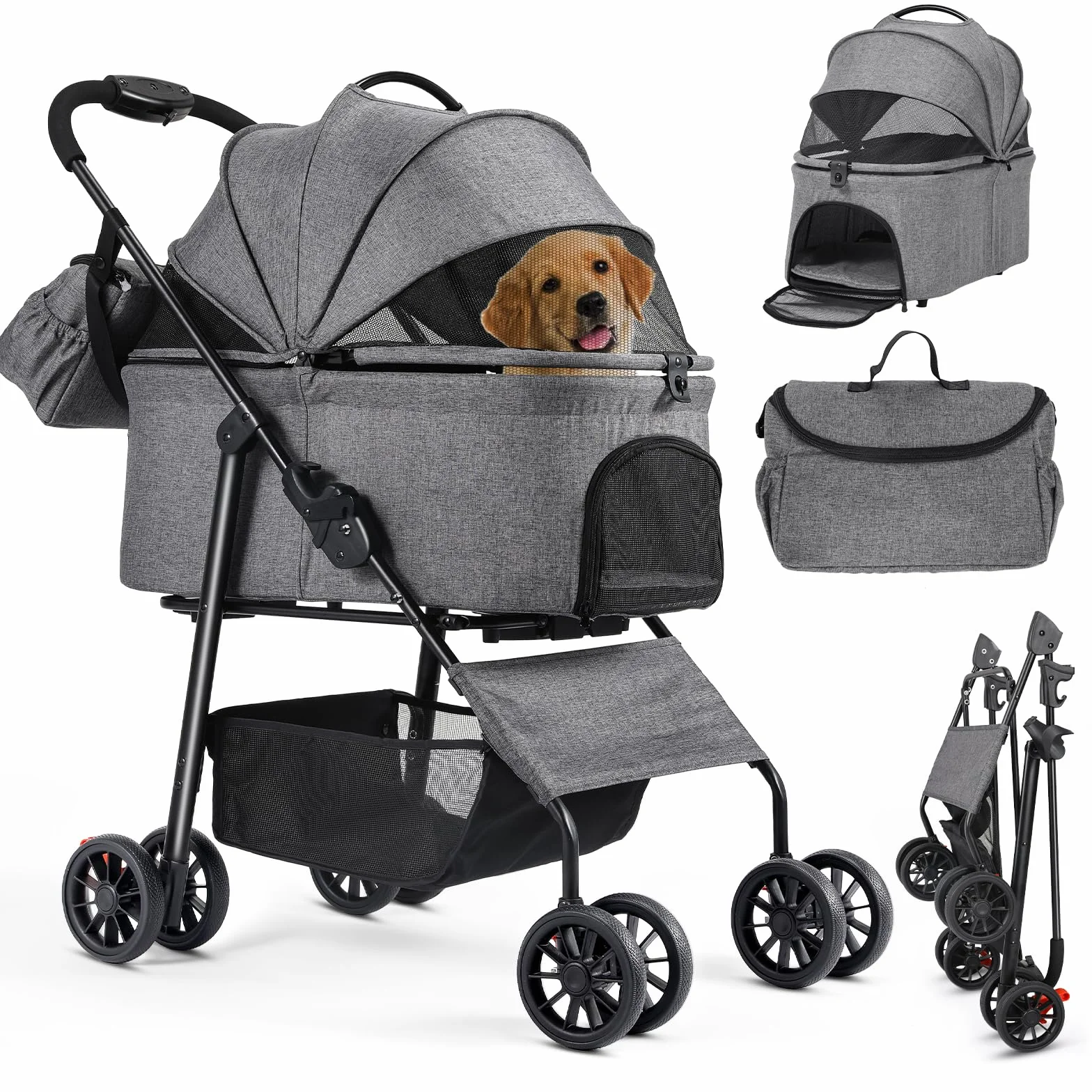 MAMIZO Poussette pour chien 3 en 1, jusqu'à 20 kg, 4 paires de roues doubles à 360 °, livrée avec un sac à bandoulière, poussette pliable pour chiens de petite/moyenne taille et chats, Gris