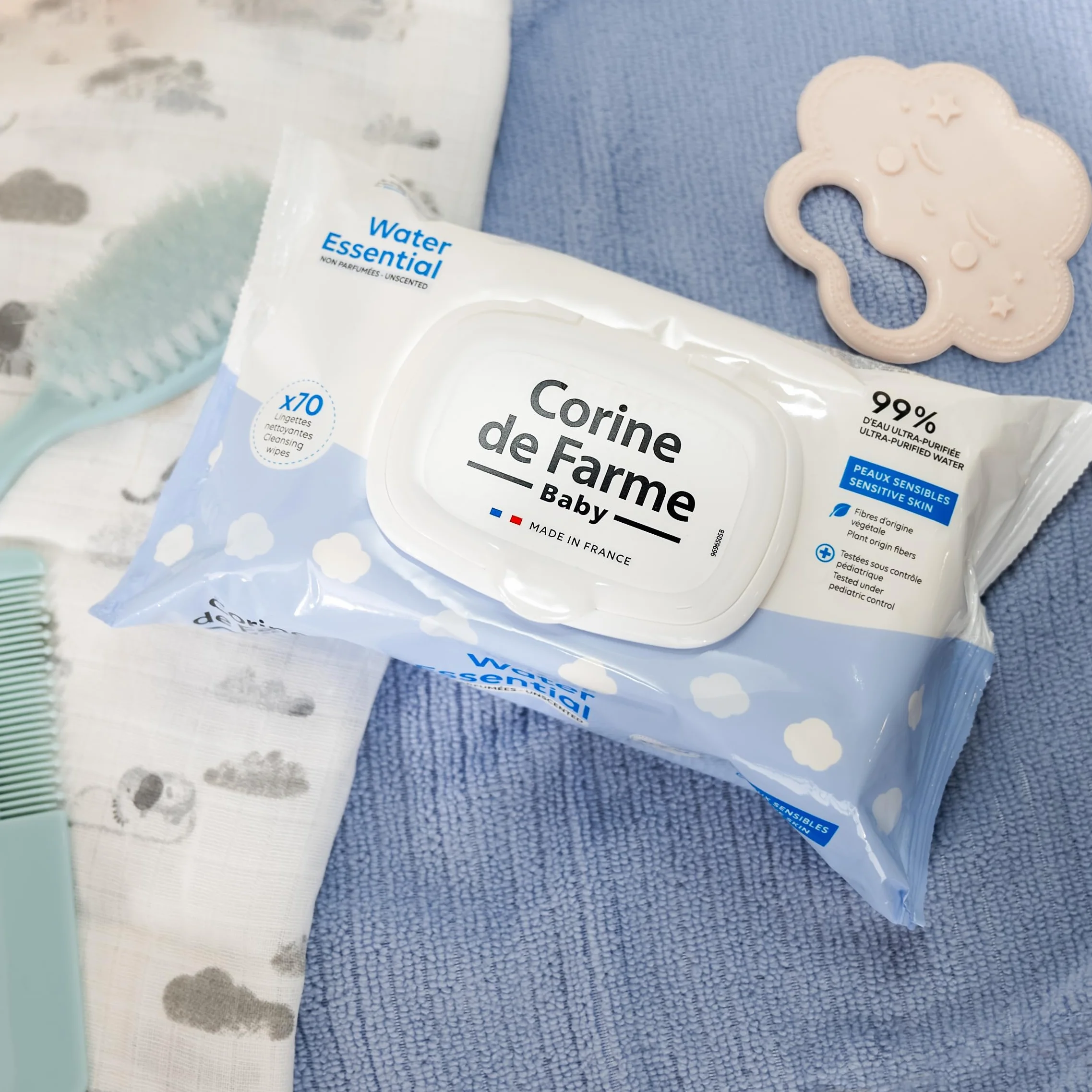 Corine de Farme Lingettes Bébé Nettoyantes Change Water Essential x70 99% Eau Purifiée