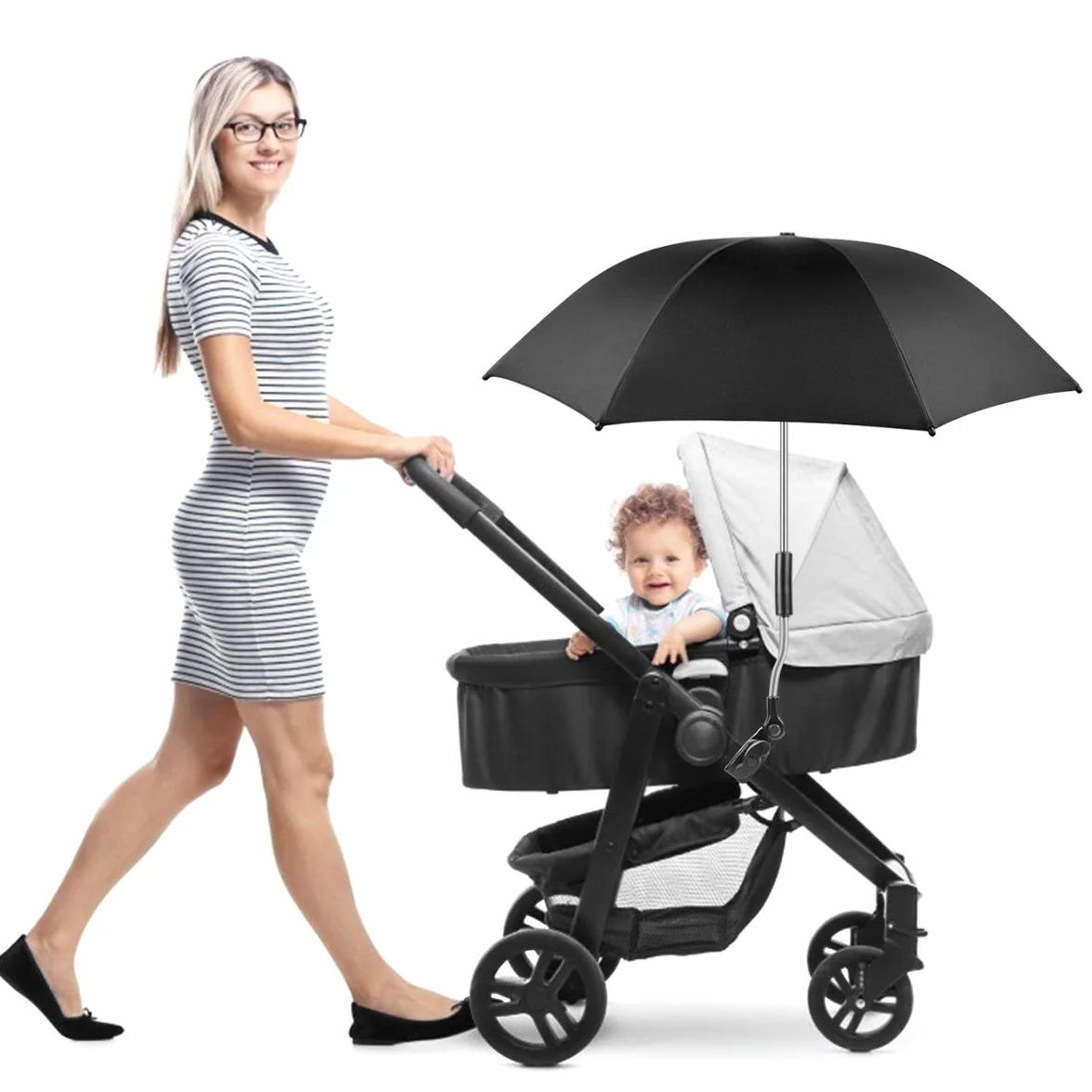 Ombrelle Universelle Anti UV 50+ Diamètre 73cm pour Poussette et Landau Noir