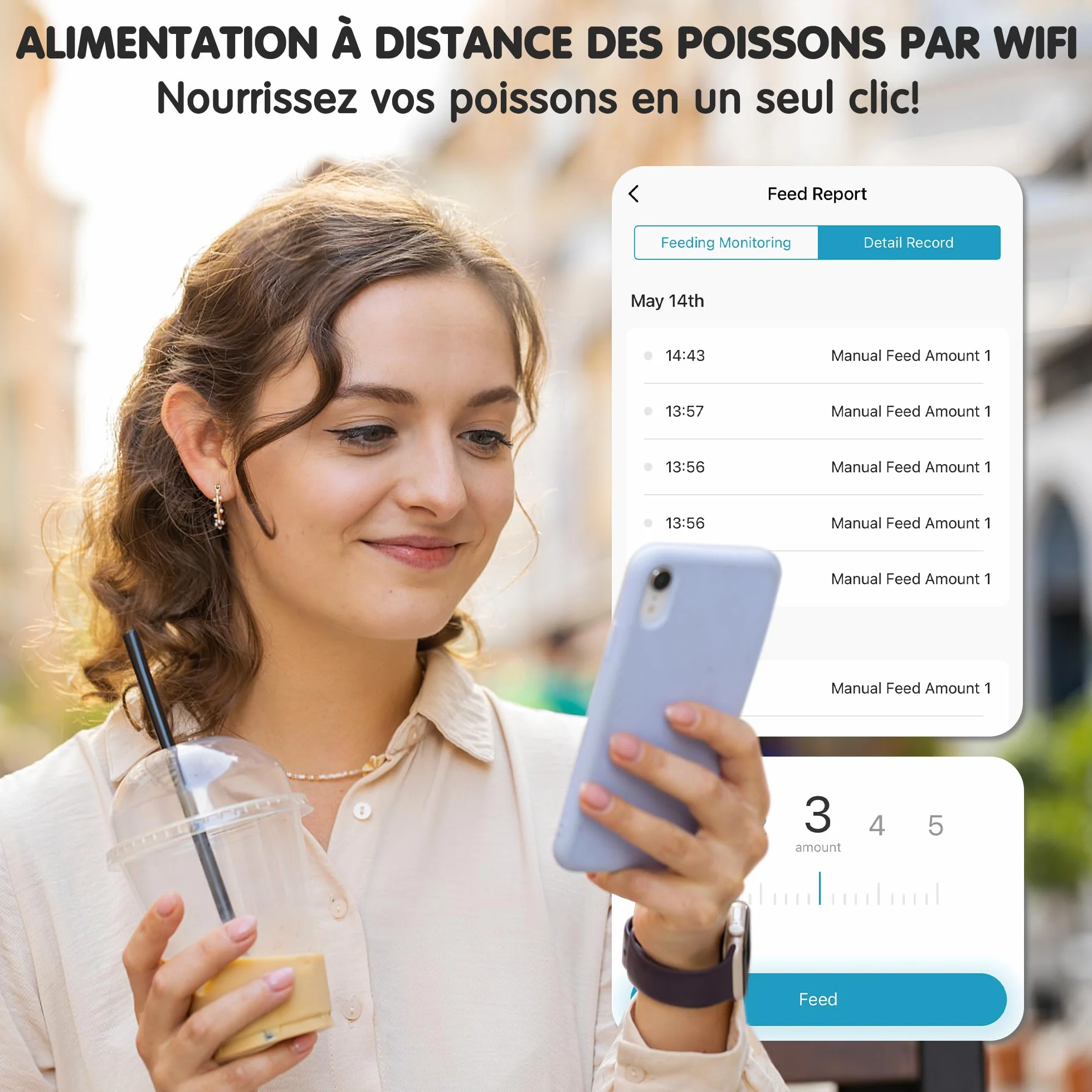 Ycozy WiFi Distributeur Automatique Poisson Aquarium, Alimenté par Prise UE et USB-C, Minuterie Ecran LCD