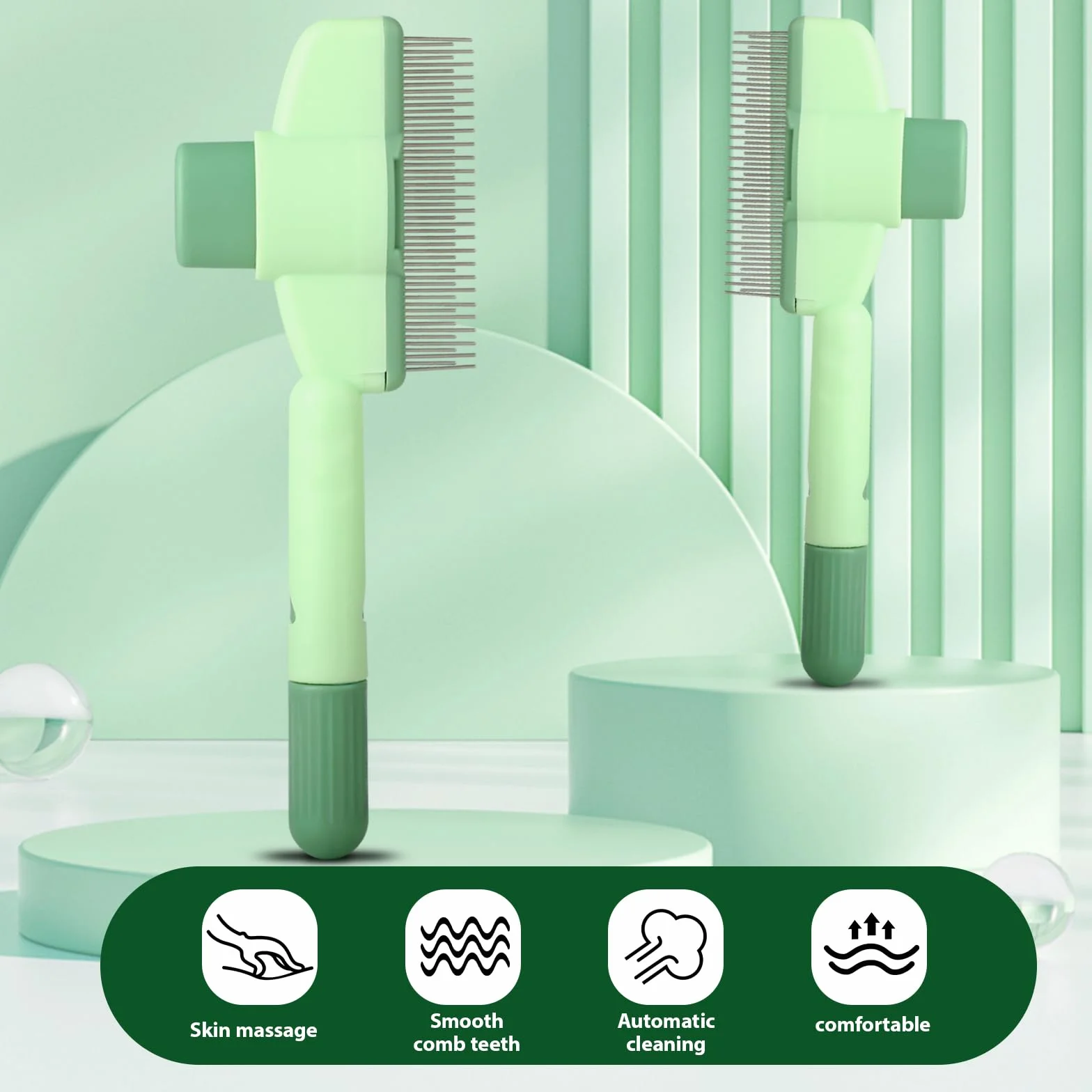 Peigne Autonettoyant pour Chats - Brosse Anti-Puces à Bouton Déverrouillage, Élimine Poils Morts & Nœuds, pour Poils Courts/Longs, 1 Pièce (Vert)