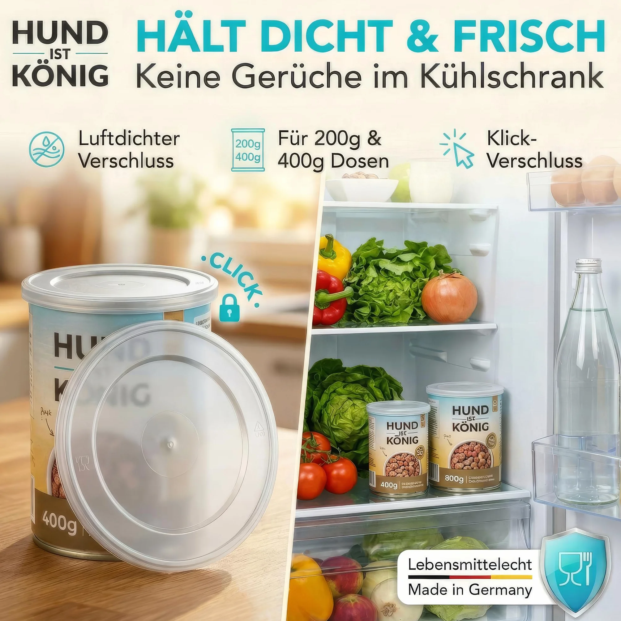 HUND IST KÖNIG® Couvercle de boîte – Couvercle robuste pour boîtes pour garder les aliments pour animaux frais et refermer les odeurs | Couvercle de boîte de 400 g / couvercle de boîte de 800 g
