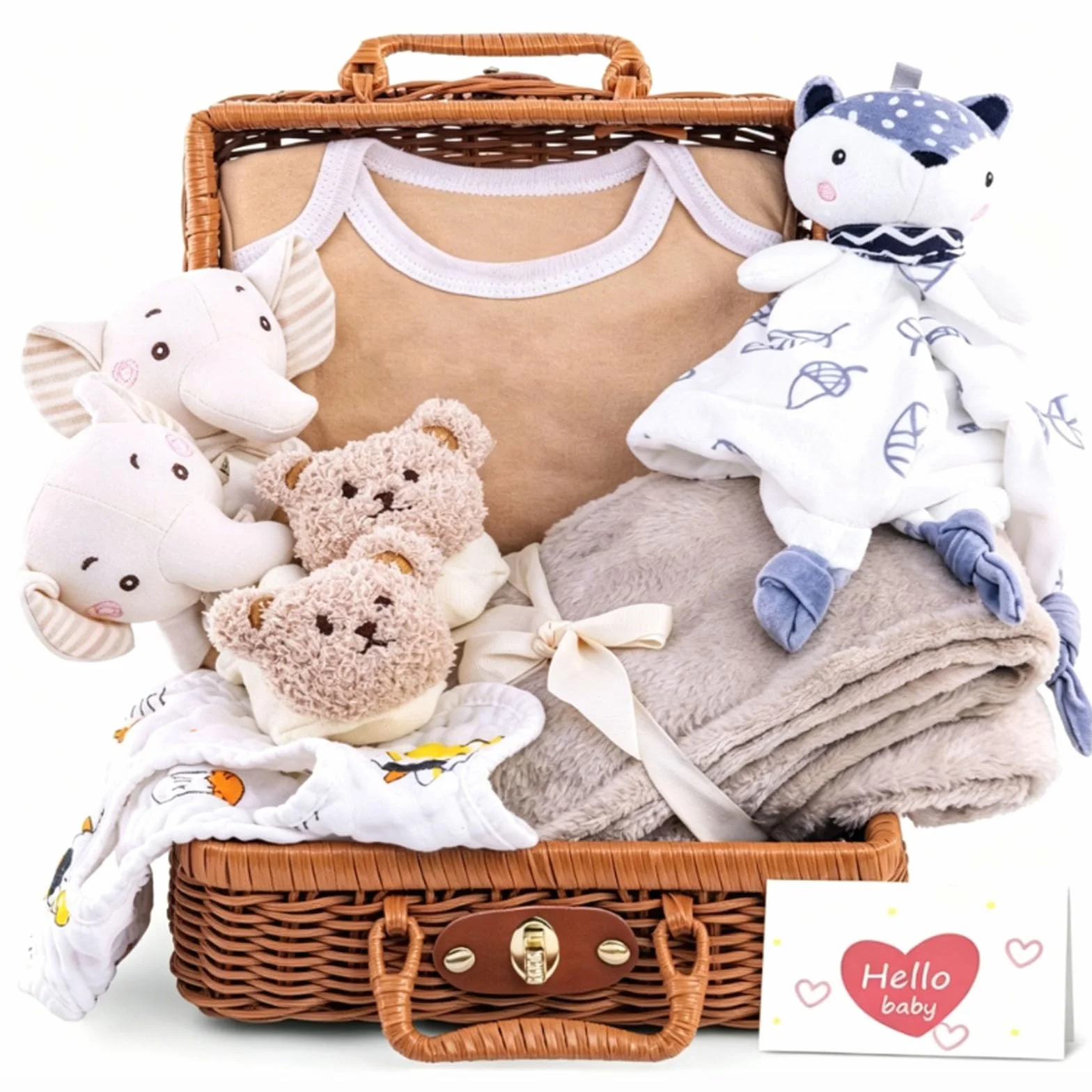 Ensemble cadeau bébé nouveau-né avec body doudou bavoir chaussettes hochet boîte souvenir cartes baby shower