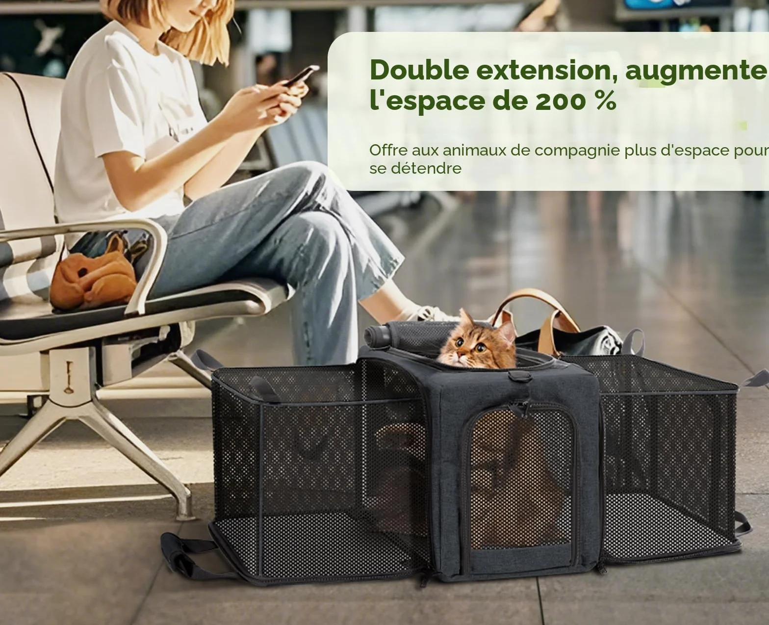 Pecute Sac de Transport Chat Extensible Pliable Voyage Avion Train Noir