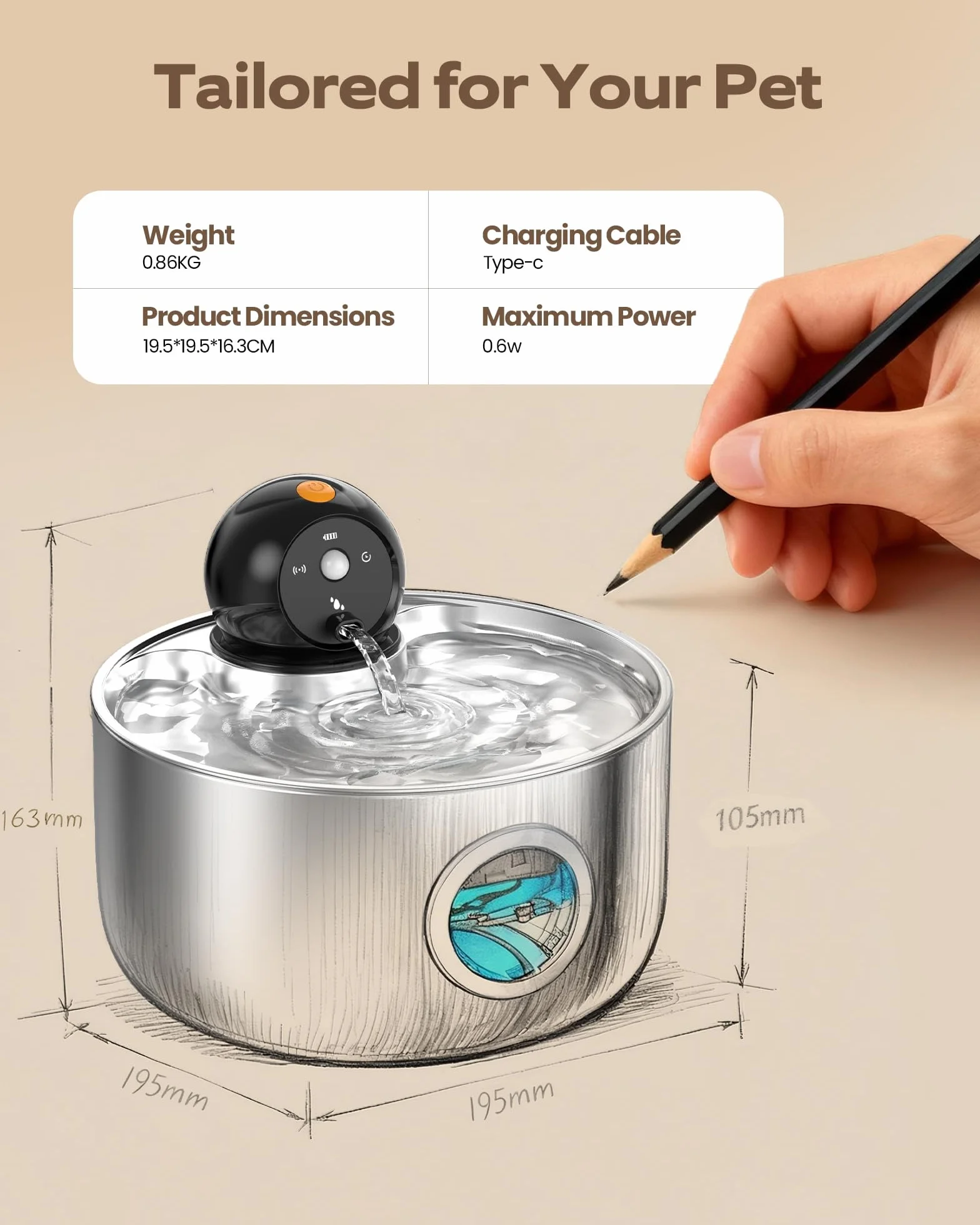 Fontaine à Eau pour Chat sans Fil INOX 2.6L avec Détecteur de Mouvement et Batterie Rechargeable