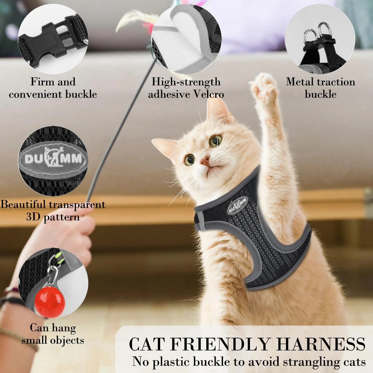 Harnais confortable pour chat noir respirant avec harnais souple pour harnais de poitrine, harnais pour chat avec laisse anti-éclatement, laisse réglable avec harnais pour chat (taille M)