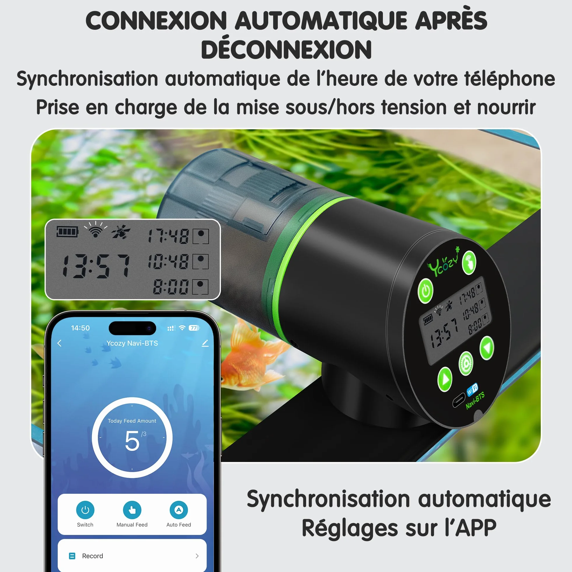 Ycozy WiFi Distributeur Automatique Poisson Aquarium, Alimenté par Prise UE et USB-C, Minuterie Ecran LCD