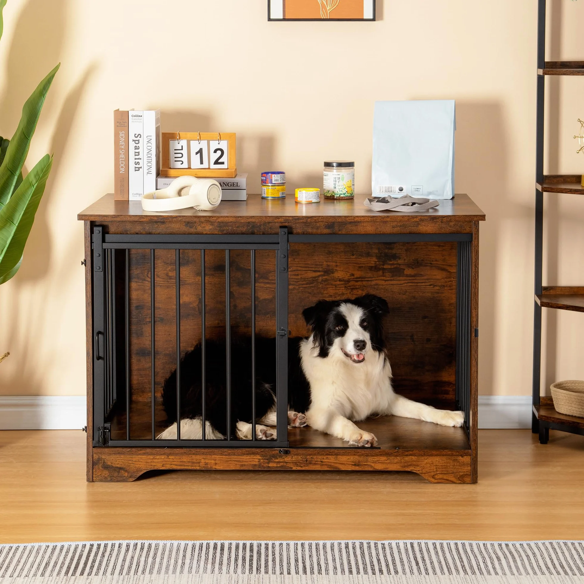 Hzuaneri Cage pour Chien 100 cm Meuble Cage Chien Interieur avec Porte Coulissante 2 Portes Niche Moderne Marron Rustique
