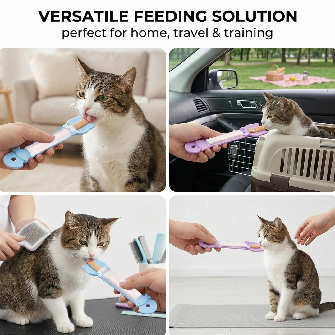 Cuillère Presse-Friandises pour Chat, Lot de 2 Bleu Violet – Idéal Churu & Snacks Liquides, Alimentation Propre Anti-Gaspillage