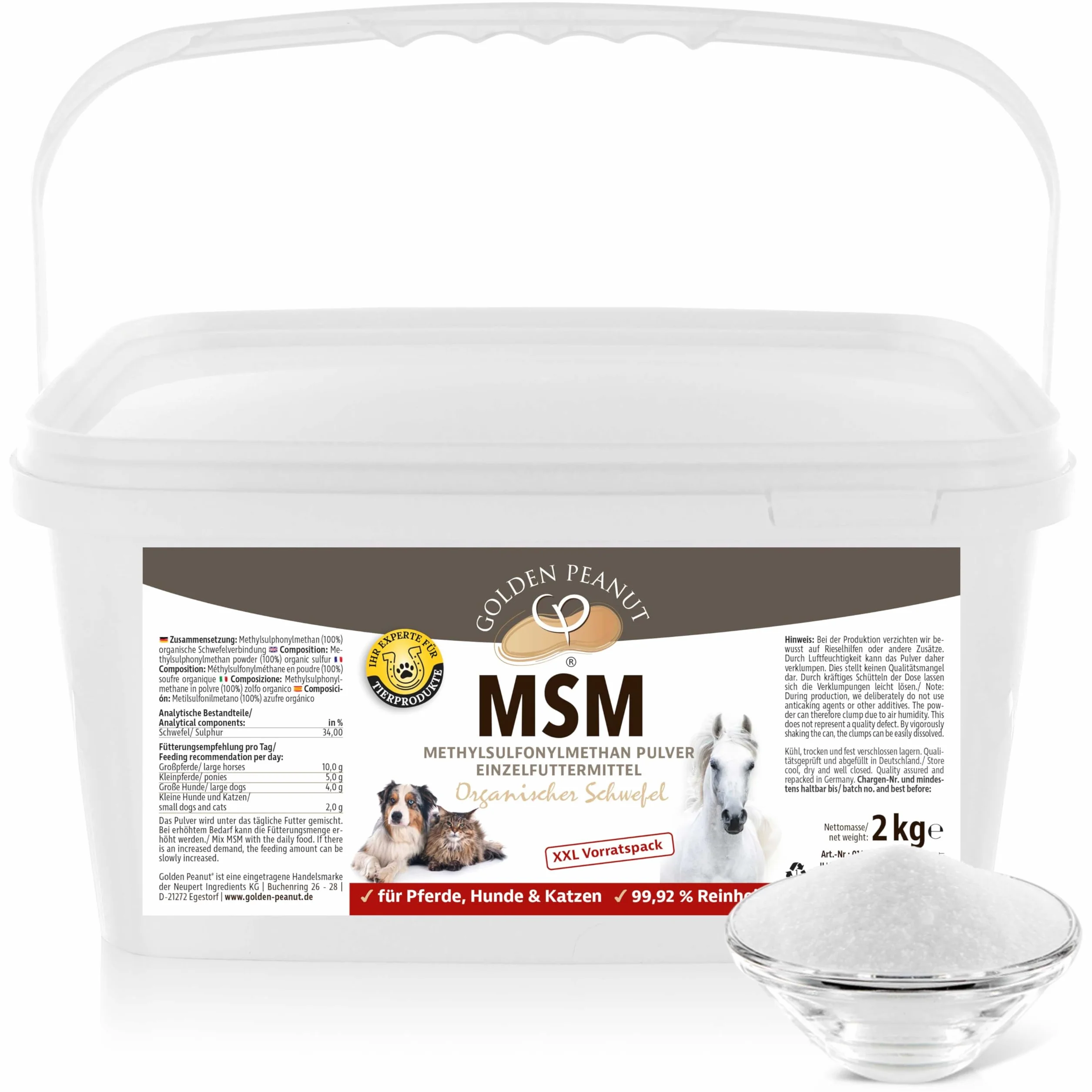 GOLDEN PEANUT MSM Methylsulfonylméthane Poudre 2 kg Pureté 99,92 % pour animaux
