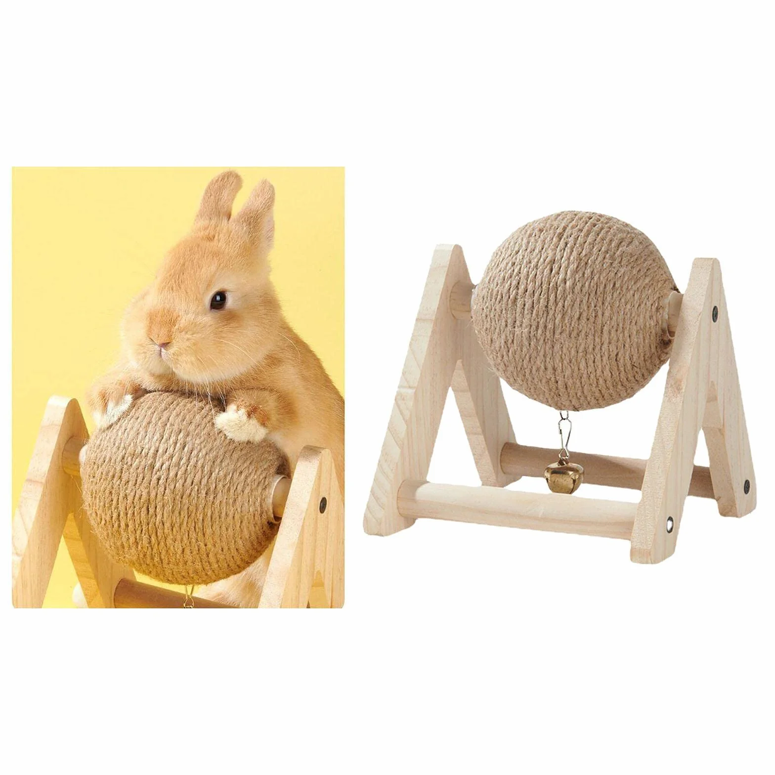Lapin Sisal Griffe Balle Grattoir avec Boule Canapé Protecteur Support en Bois Portable avec Cloche Stable Jouet